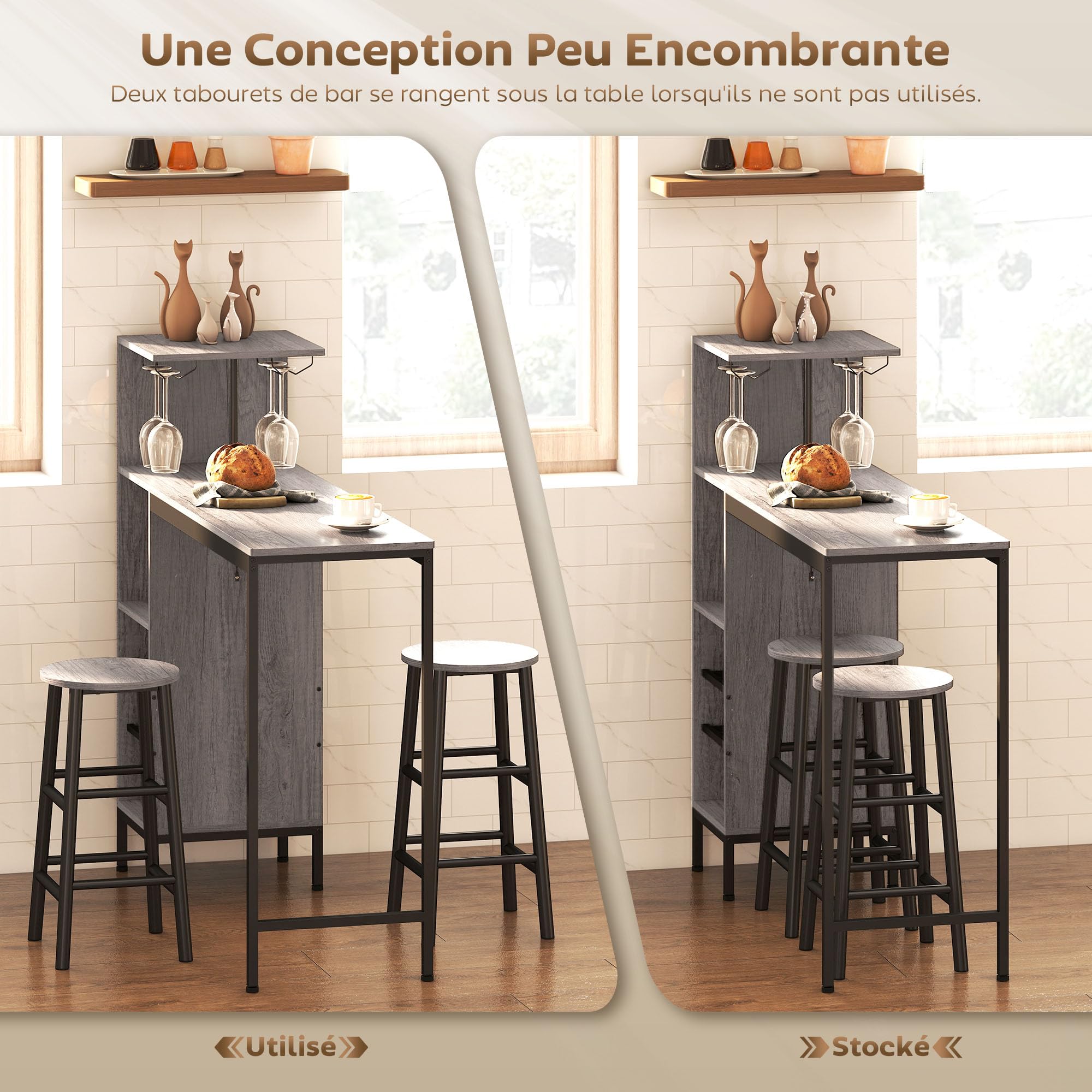 HOMCOM Ensemble Table de Bar avec Tabourets 2 Chaises Effet Bois Naturel | Table à Manger Debout, Chaises Rondes avec Repose-Pieds, Étagères de Rangement, Casiers à Vin, Porte-Verres