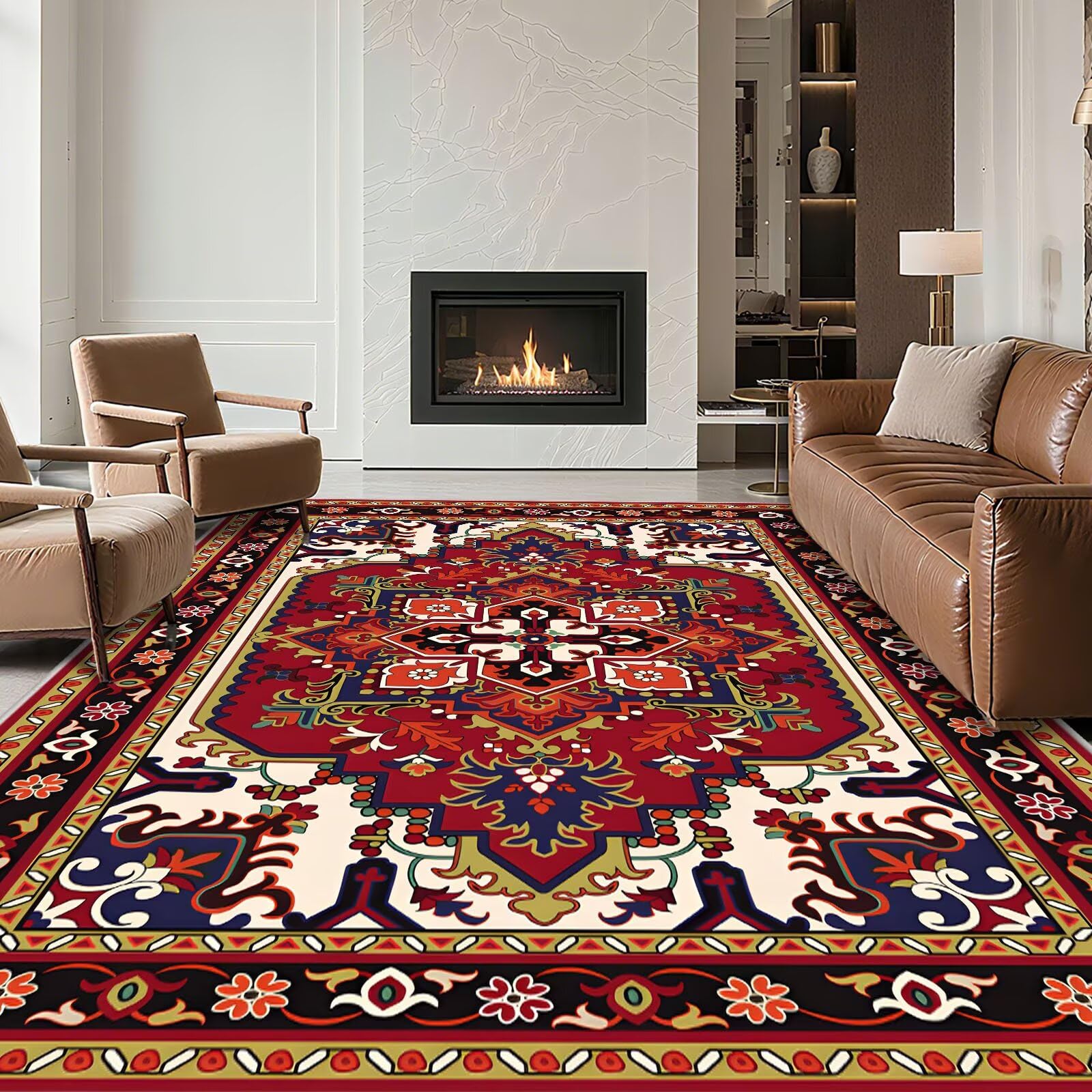 Tapis rouge à poils courts 140x200 cm lavable pour salon rétro