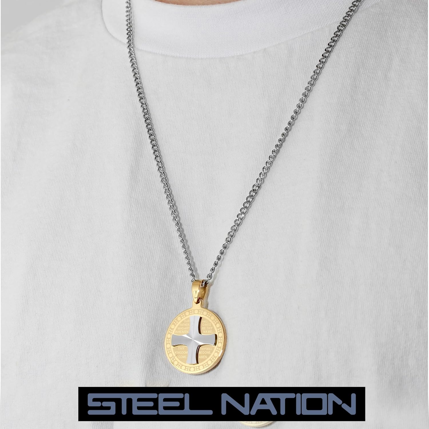 Men’s Stainless Steel Gold-Tone Heraldic Cross Medallion Pendant with Curb Chain Necklace, 24”