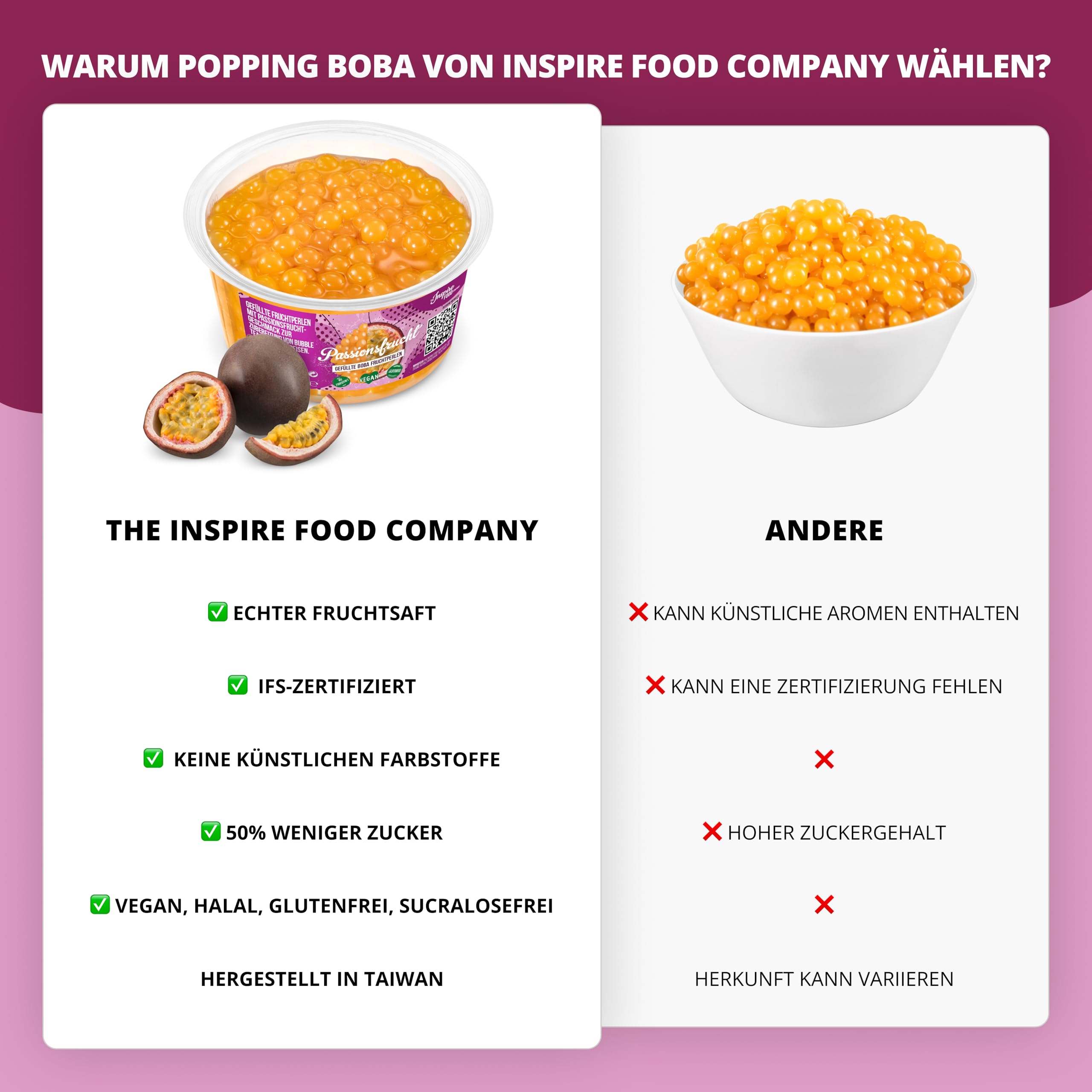 INSPIRE FOOD Bubble Tea Perlen Maracuja | Popping Boba Fruchtperlen 1kg | Tapioka Fruchtperlen und Boba Perlen - 100% vegan und glutenfrei, ohne künstliche Farbstoff