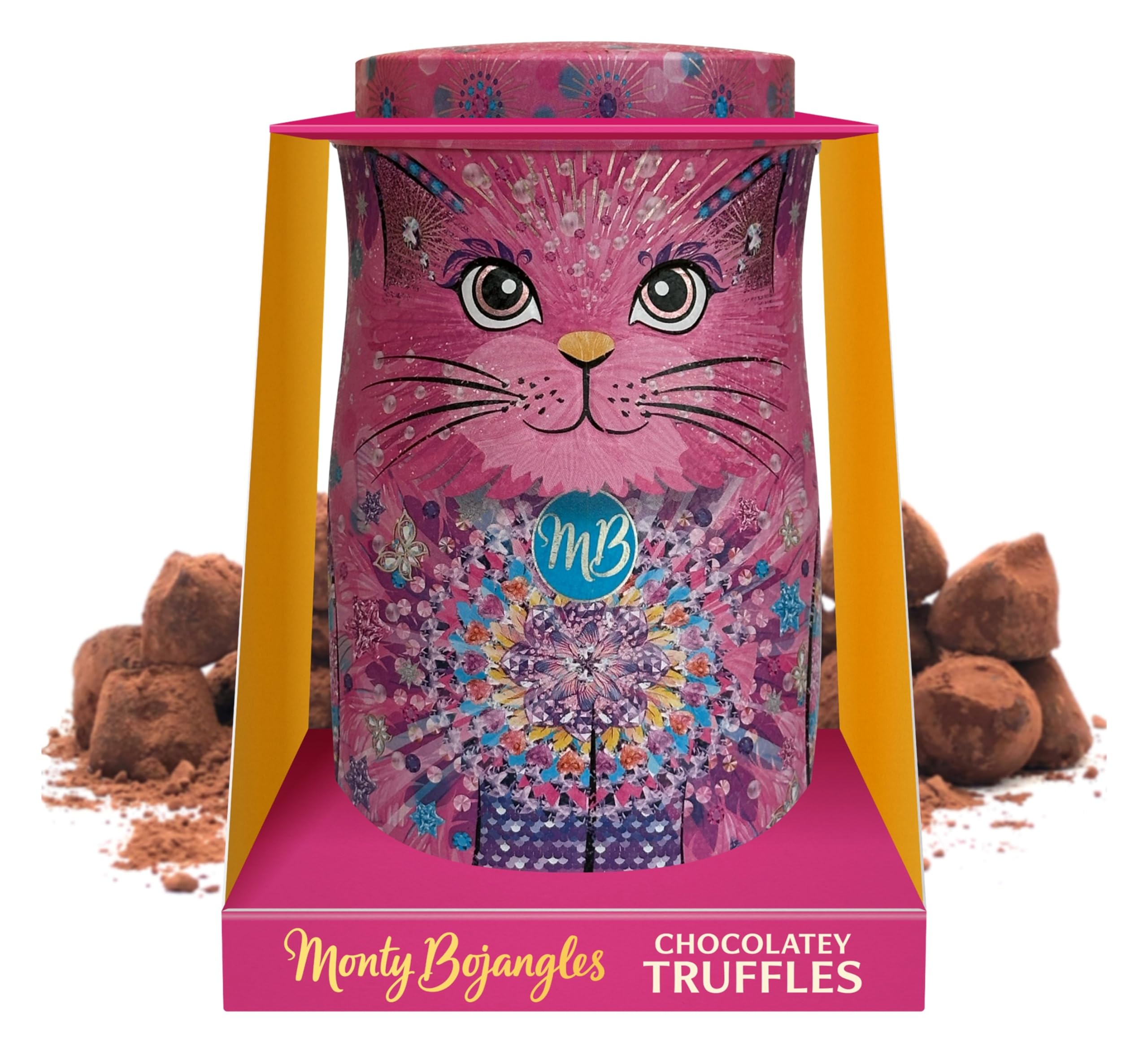 Monty Bojangles Shimmering Starlet Schokoladentrüffel (135g) Truffle Pralinen mit Kakao bestäubt, Schokolade Pralinen individueller Sammlerdose mit Katzen-Design, Geschmack Choccy Scoffy