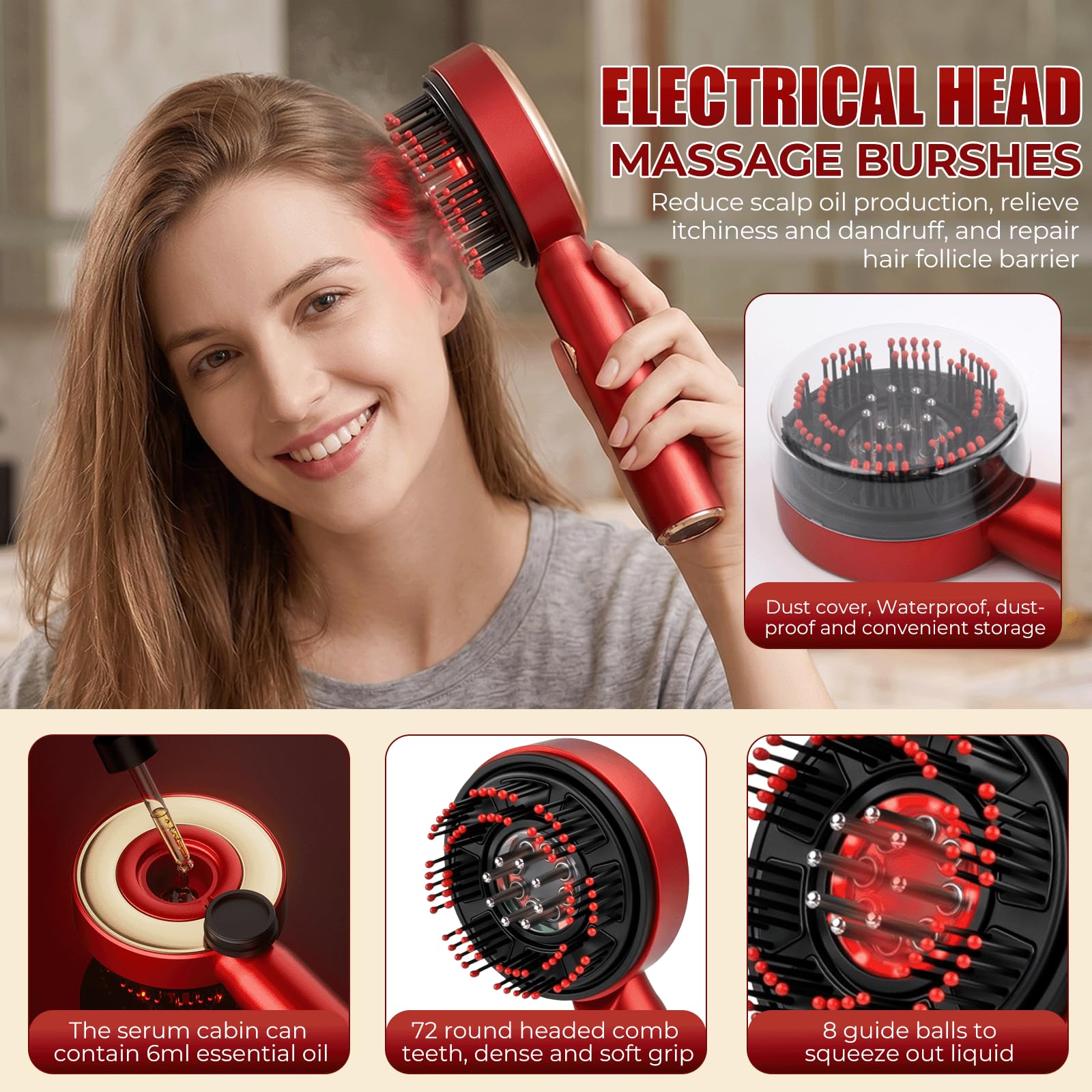 Kopfmassagegerät Elektrisch, 2 in 1 Kopfhaut Massagebürste Elektrisch mit Haaröl-Applikator, 360° Rotlicht Kopfhaut Massagegerät, 3 Modi Elektrische Kopfmassagegerät zur Massage und Kopfhautpflege