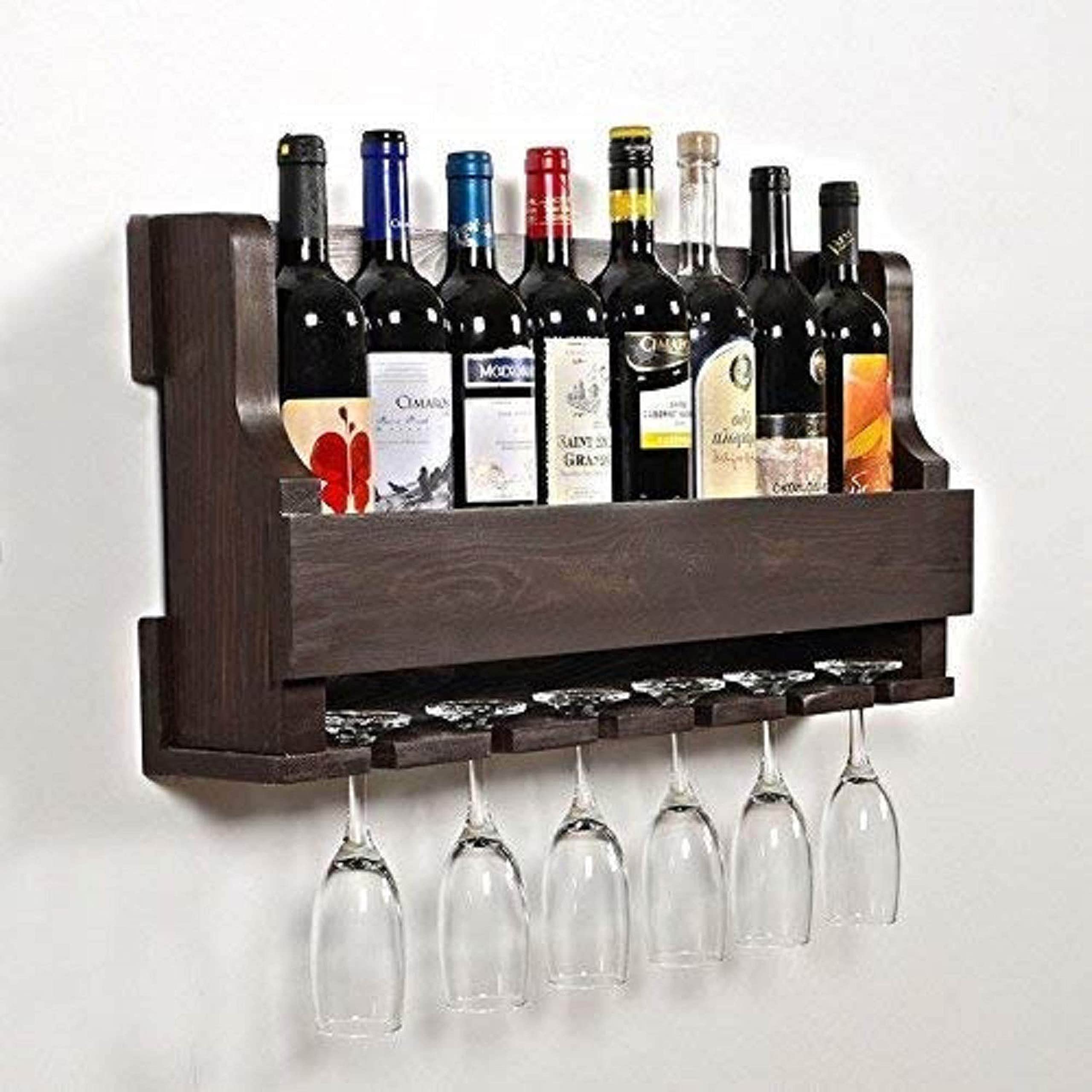 OGNIJA Wooden Wall Hanging Design Bar | Bar Cabinets for Home | Mini Bar for Home | Solid Wood Make Wine Storage Cabinet with Glass Hanging Space-Walnut Finish 1