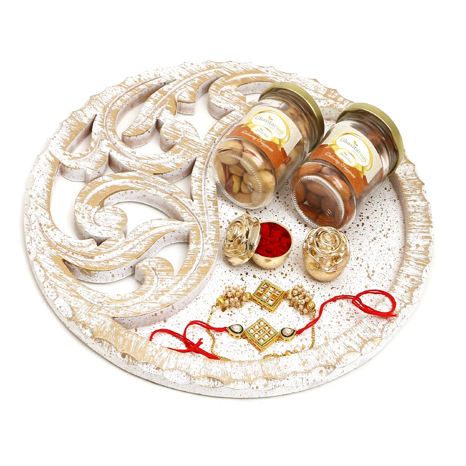 Ghasitaram Gifts Rakhi Gifts for Brothers White Wooden Thali with Almonds, Pistachios and Bhaiya Bhabhi Rakhis