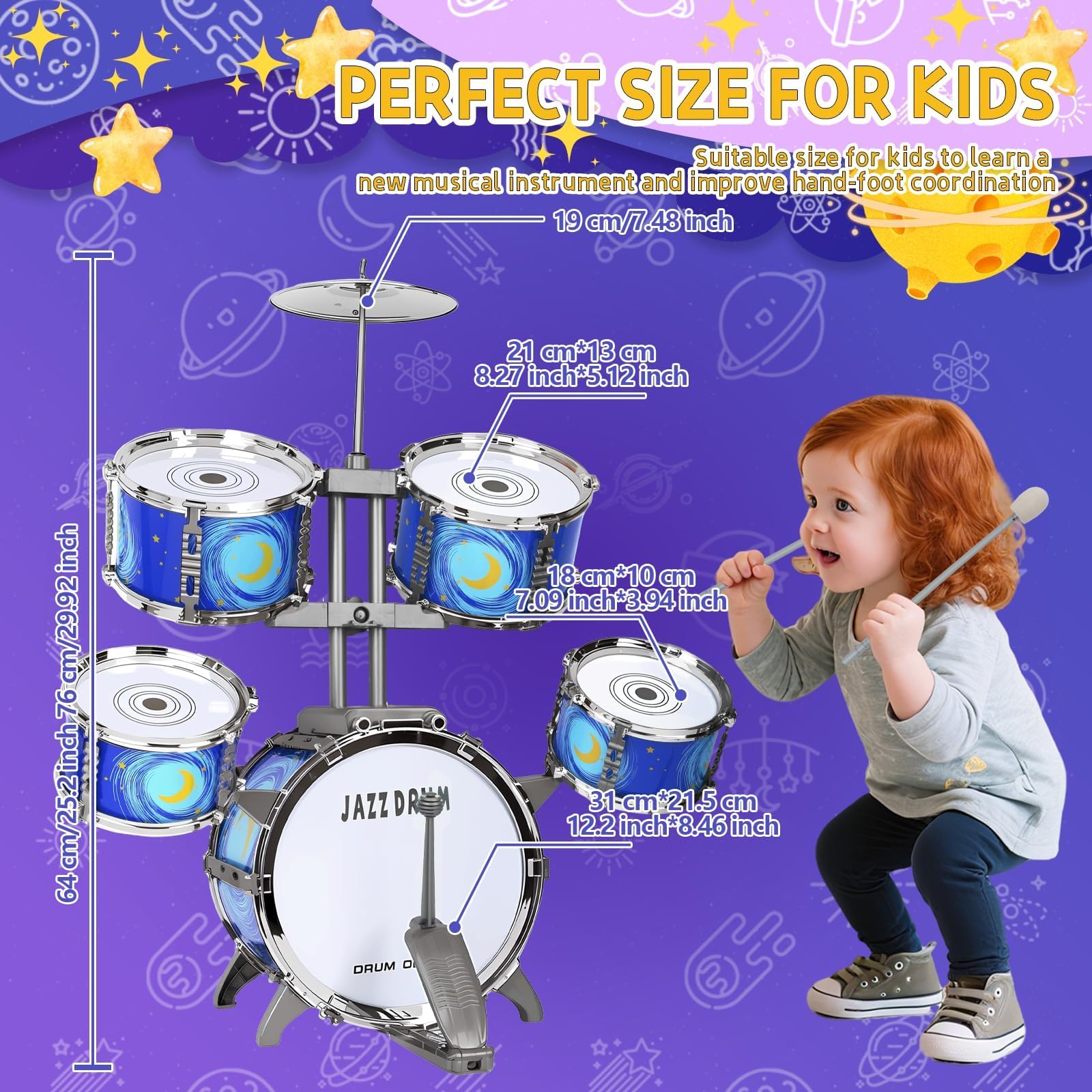 Kinder Schlagzeug Spielzeug von 3-7 Jahre - Kinderspielzeug Schlagwerk Drumset mit Hocker Musikspielzeug Weihnachten Geburtstag Geschenk für Kleinkinder Jungen Mädchen, Blau | Pädagogisches Musikinstrument für Anfänger, Geschenk für Kinder Mädchen Geburts