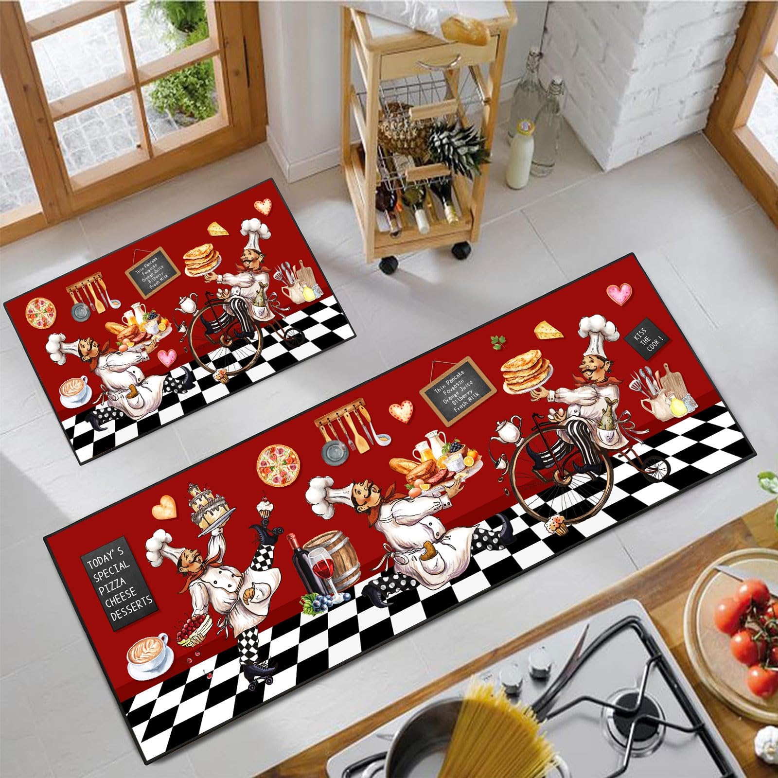 Chef Kitchen Decor Rug 2 Piece Set, Country Farmhouse Style Kitchen Floor Mat, Absorbent and Washable Runner Decorations Rug 17×30+17×47 Inches