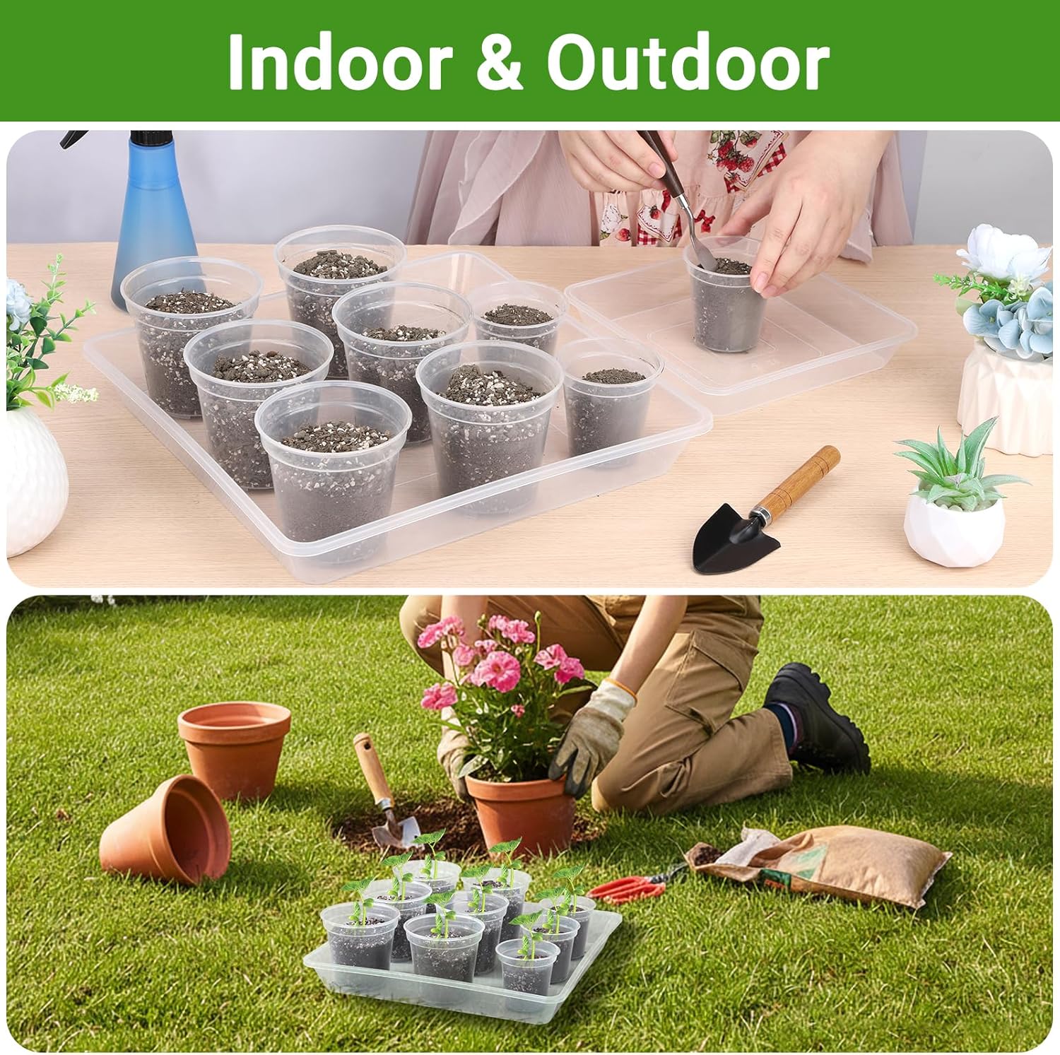 GREANER 8 Inch Plastic Plant Saucer, Clear Pebble Tray for Plant Humidity, Flower Plant Drip Trays for Indoor & Outdoor Plants(2 PCS)