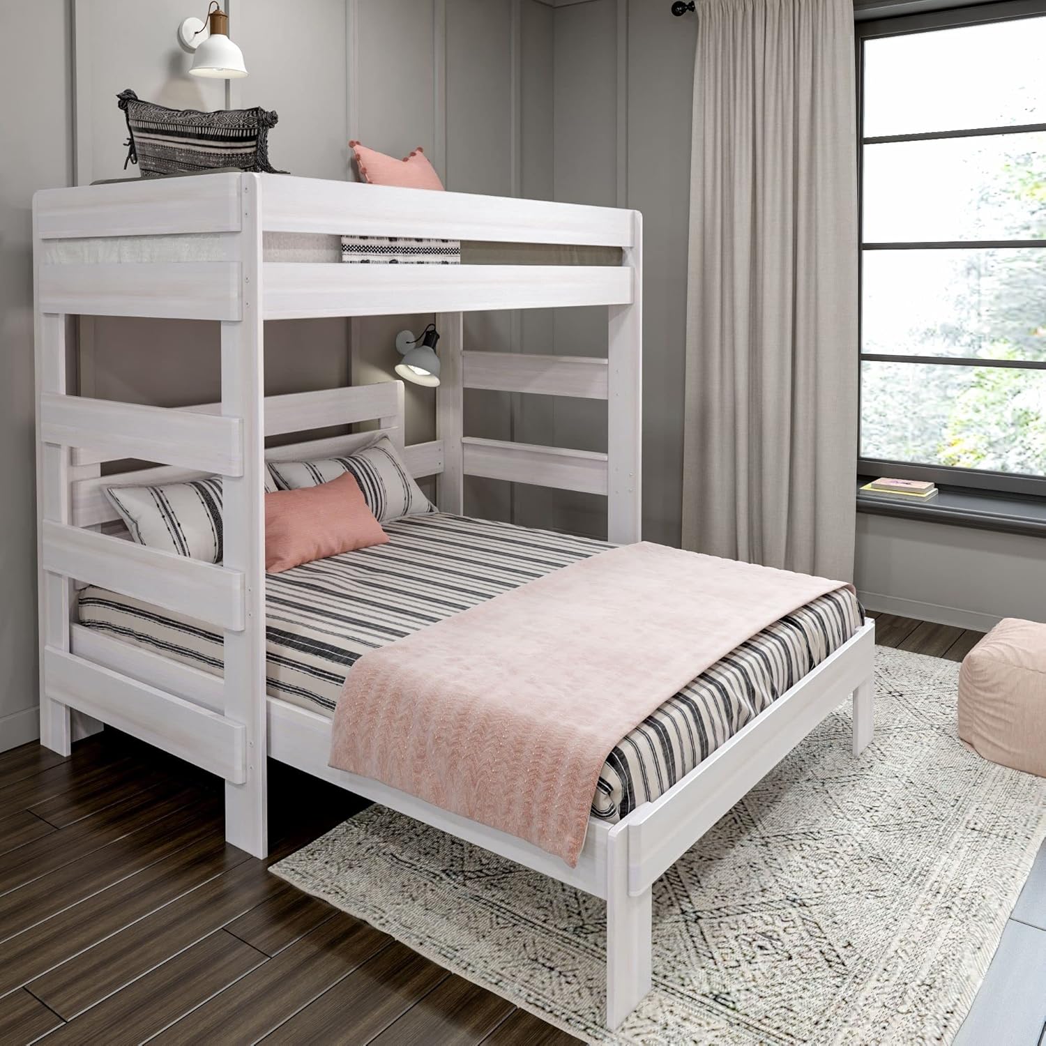 Max & Lily Modern Farmhouse Bunk Bed, L Shape TwinOverQueen Bed Frame For Kids