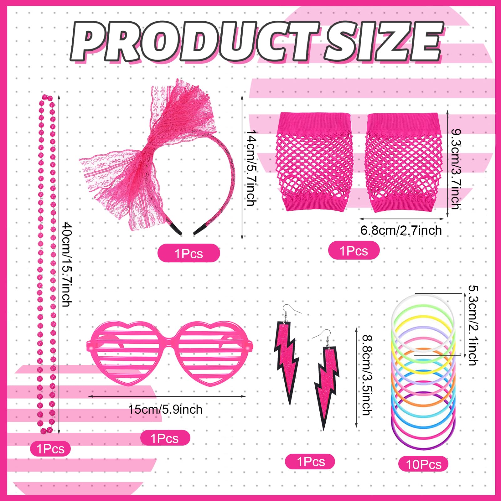 7PCS 80s Costume Accessories Set for Women 1980s Retro Outfit with T-shirt Headband Lightning Earrings Necklace Bracelet Mesh Sleeves Glasses Fancy Dress for 80s Theme Party - Image 2