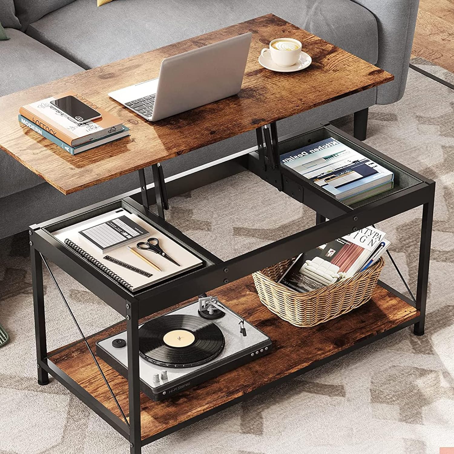 TMEOSK Lift Top Coffee Table with Hidden Compartments & Open Storage Shelf Rising
