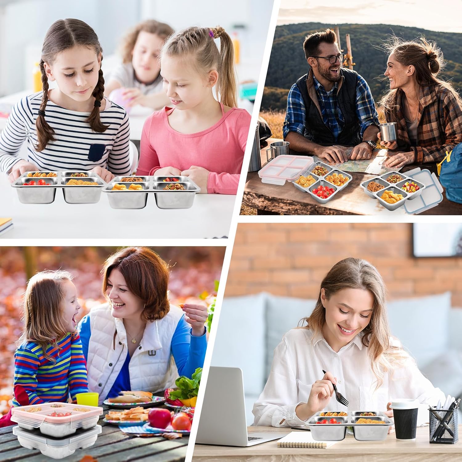 3 Pack Stainless Steel Bento Lunch Box, 4 Compartment Snack Containers, Divided Meal Prep Lunch Containers, Food Storage Containers For Work and Travel