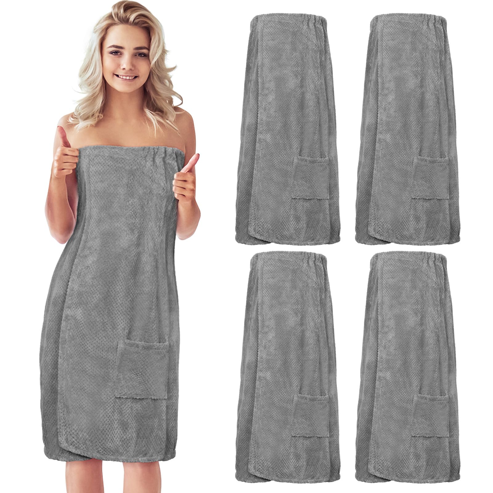 Tigeen 4 Pcs Spa Robe for Women Gray Waffle Spa Wraps M | Women Bath Shower Use, Waffle Spa Robes Lightweight Quick-dry, Adjustable Closure Secure Fit, Pocket Hands-free Coverage