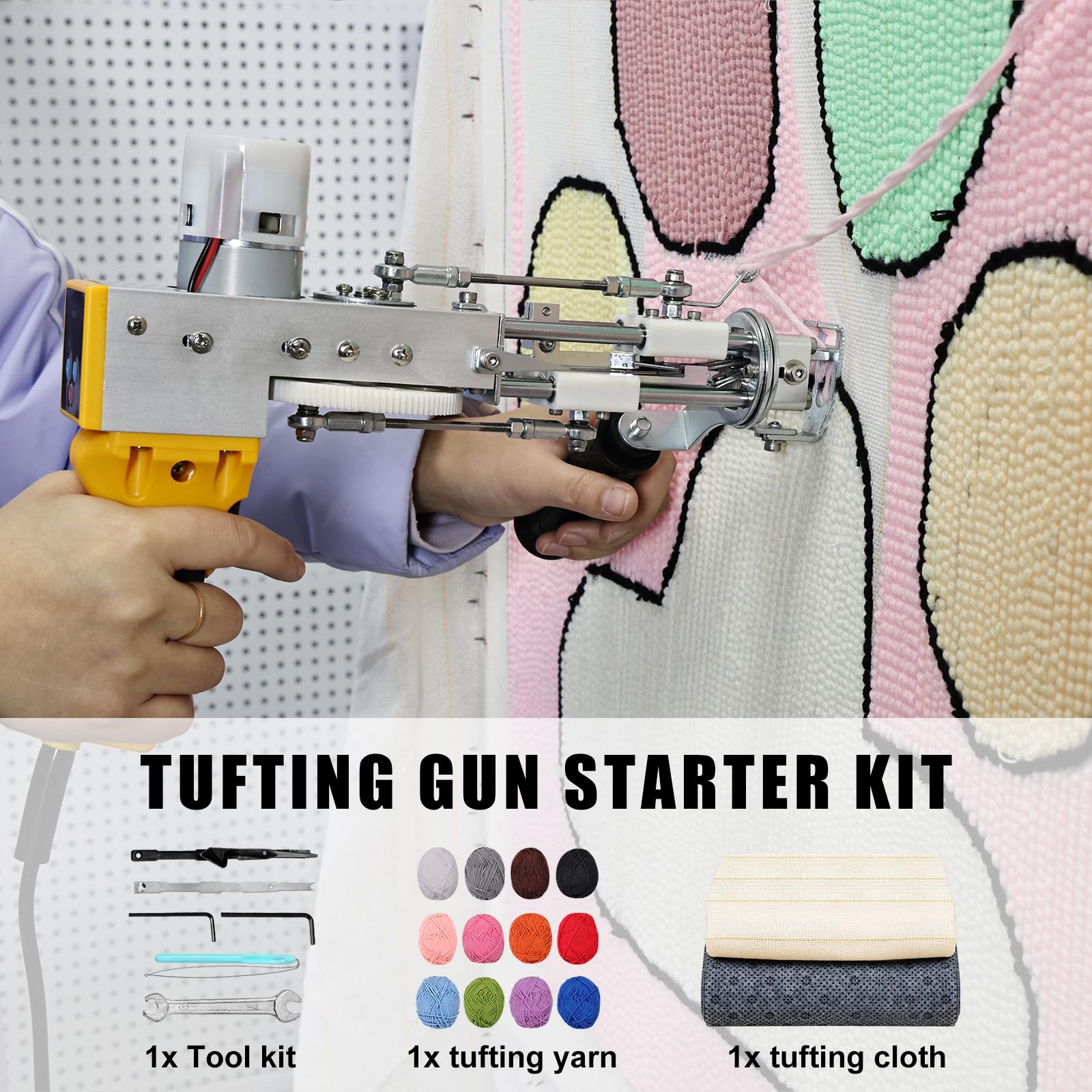 Kit pistola tufting tappeto con kit trimmer tappeti, pistola antiscivolo con display digtiale della velocità, macchina tufting con panno tufting |filato|kitroll|spazzola (giallo)