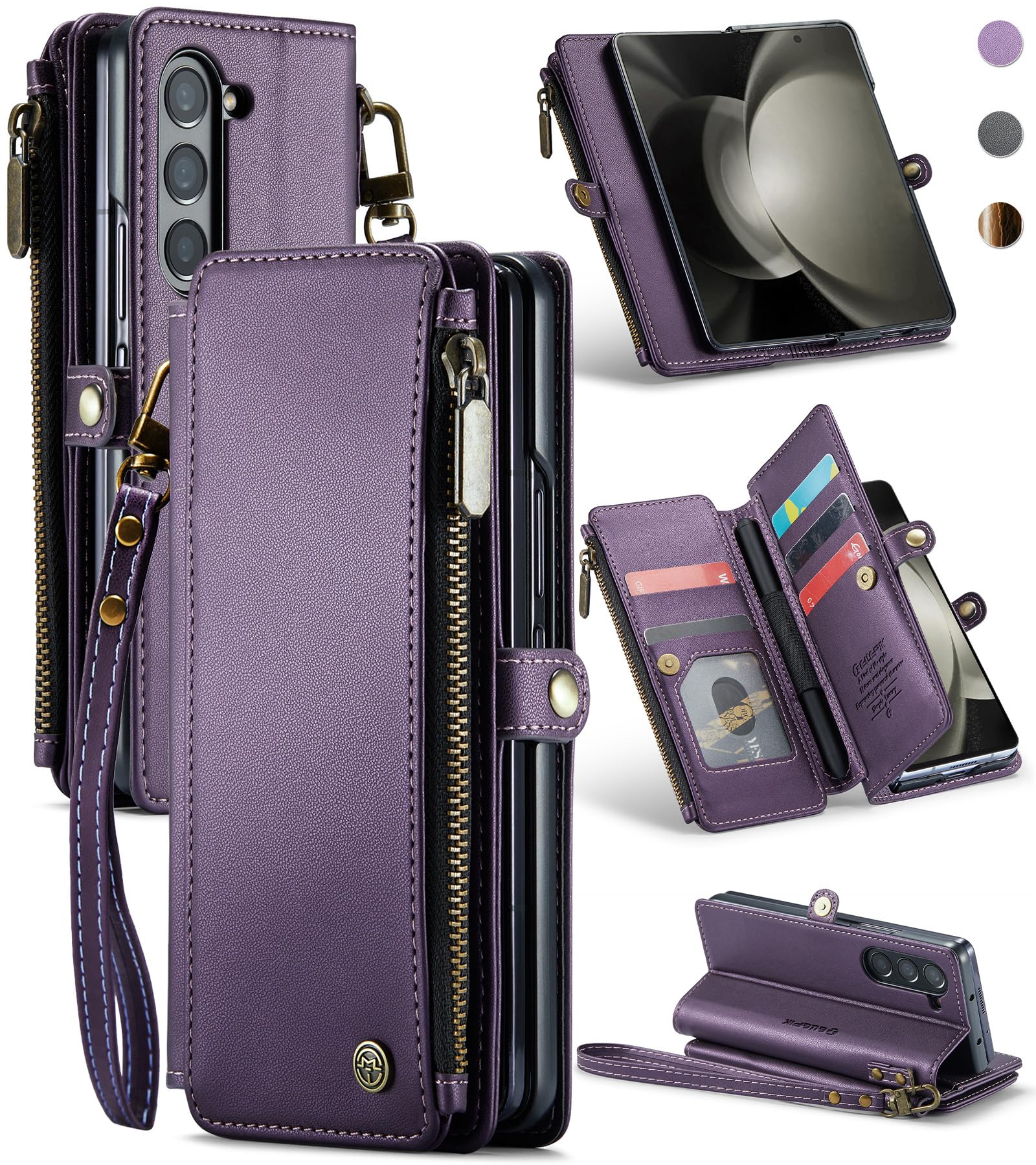 ELEPIK Galaxy Z Fold 6 Case, Z Fold 6 Wallet Case with S Pen Holder, Card Holder, Kickstand, Wristlet for Women Men, Durable Leather Magnetic Wallet Phone Case for Samsung Z Fold 6,Fashion Purple
