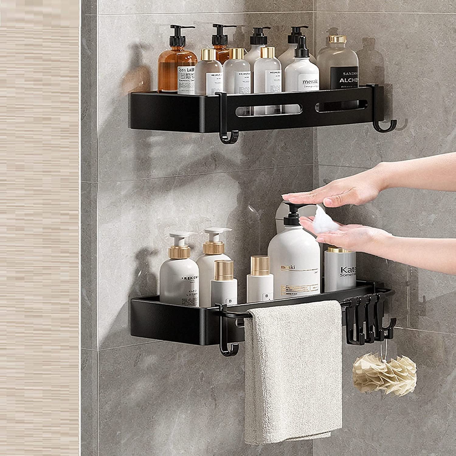 AKAZI Estante de Ducha Adhesivo Estantería de Pared para baño Estantes de Ducha Sin Taladro con Espacio de Gancho Aluminio para baño Cocina,Silver B,1 Story (Black B 2 Layer)