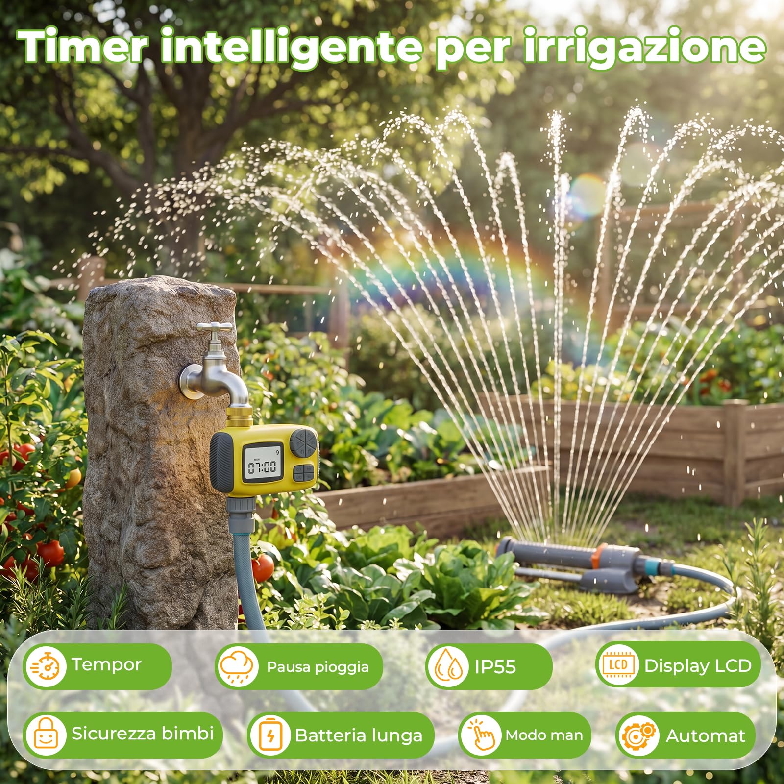 Timer Irrigazione Oscillante 10m Tubo Acqua 3 in 1 Kit | Display LCD IP55 20 Ugelli Quick Connect Raccordo Ottone Portata 300m, Aspersori per Prato e Giardino Piante e Verdure