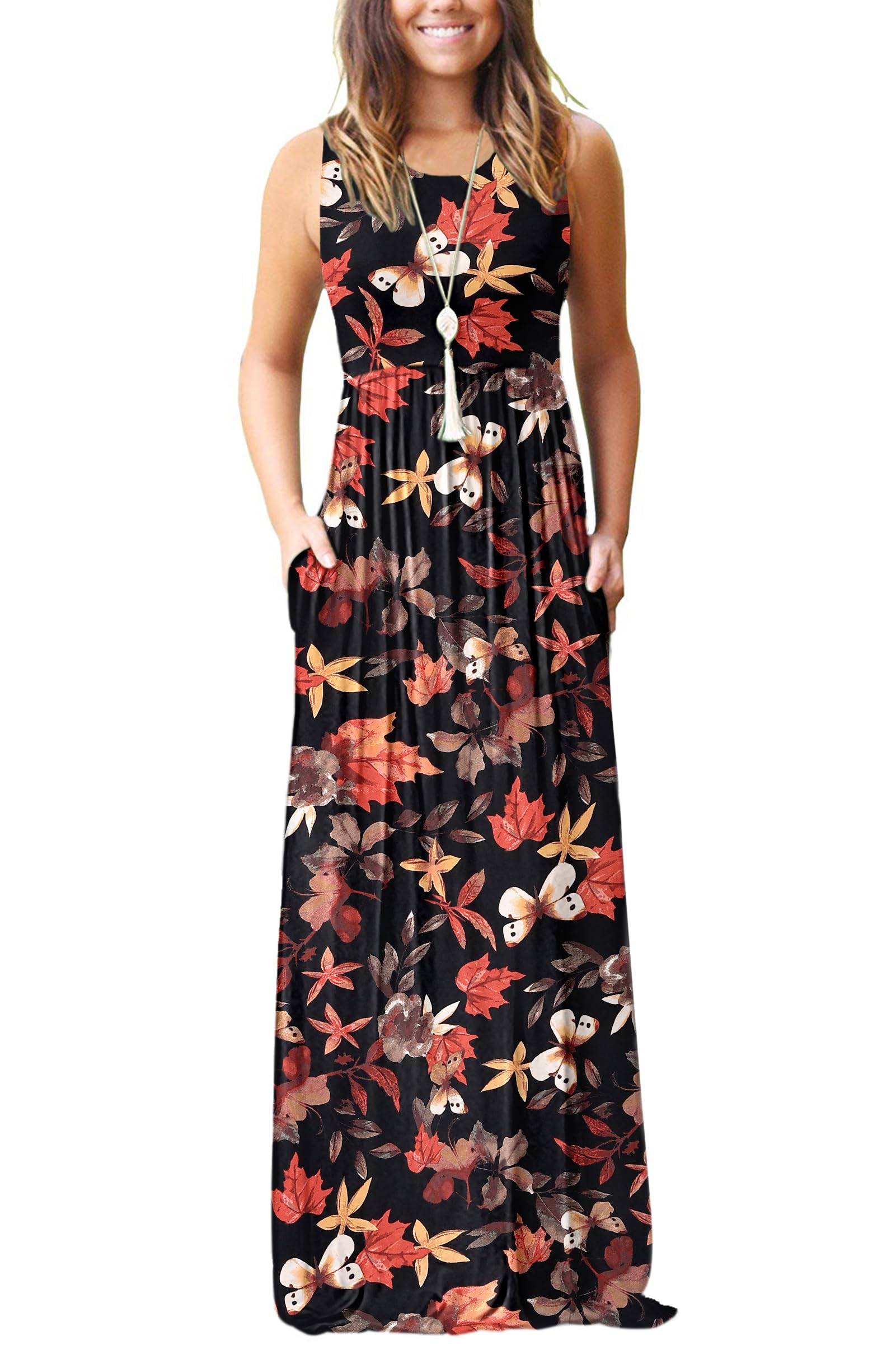 AUSELILY Women's Summer Sleeveless Loose Plain Casual Long Maxi Dresses | Year Round wear solid floral print, Casual daily wear, Empire waist, Floor length, Side pockets New