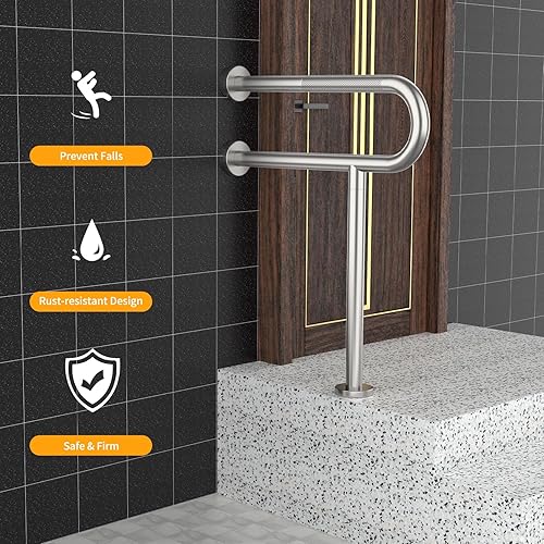 Miniatura 5 de YuanDe - Barra de agarre para inodoro de 23.4 pulgadas, barra de seguridad de baño de níquel cepillado con agarre moleteado antideslizante, barra de