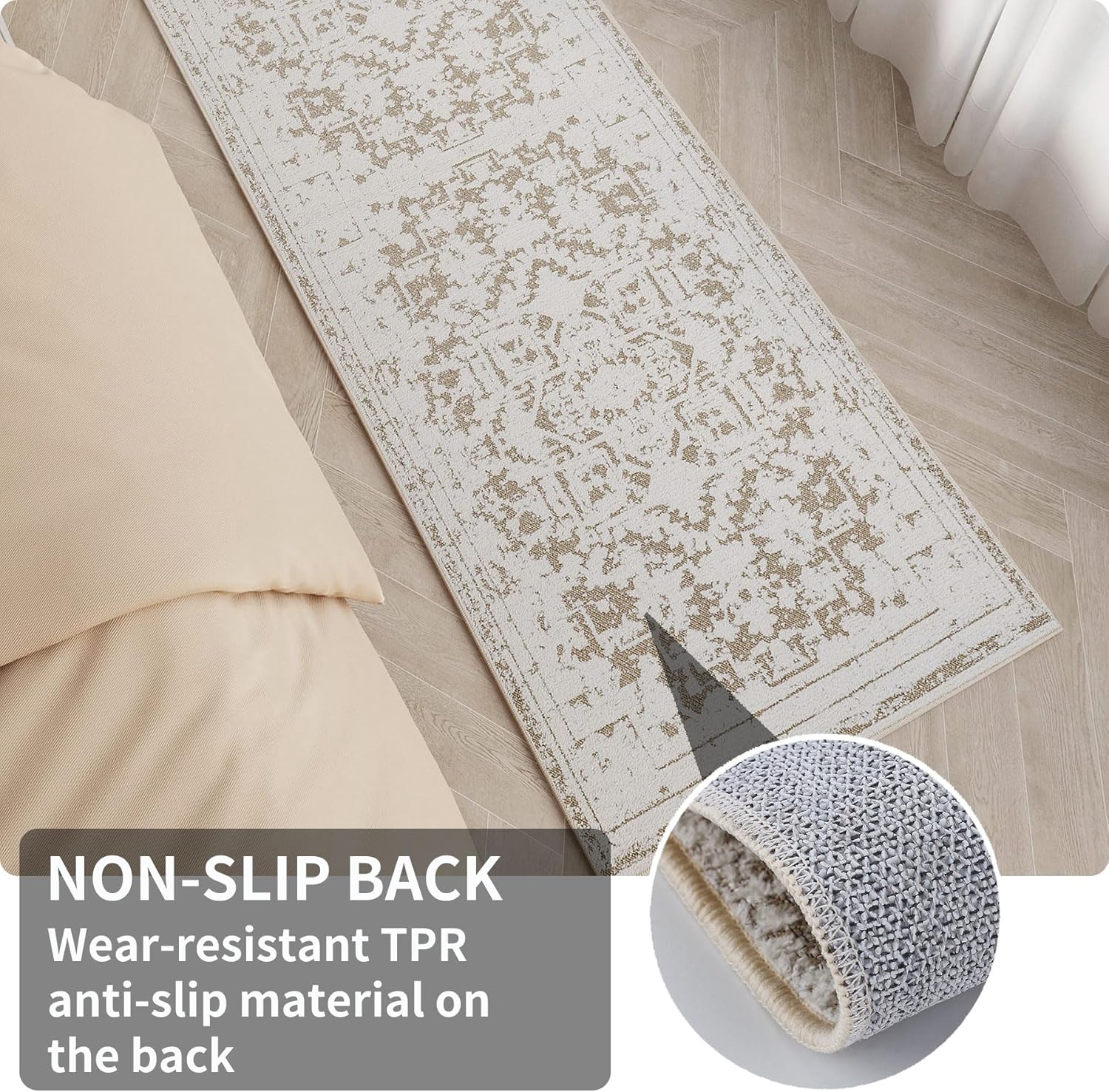 Vintage Runner Rug Non Slip for Hallway Bathroom Kitchen 2x6 ft, Ultra Soft Boho Carpet Runner with Low Pile Design Machine Washable Runner Rugs for Entryway Laundry Living Room (Khaki)