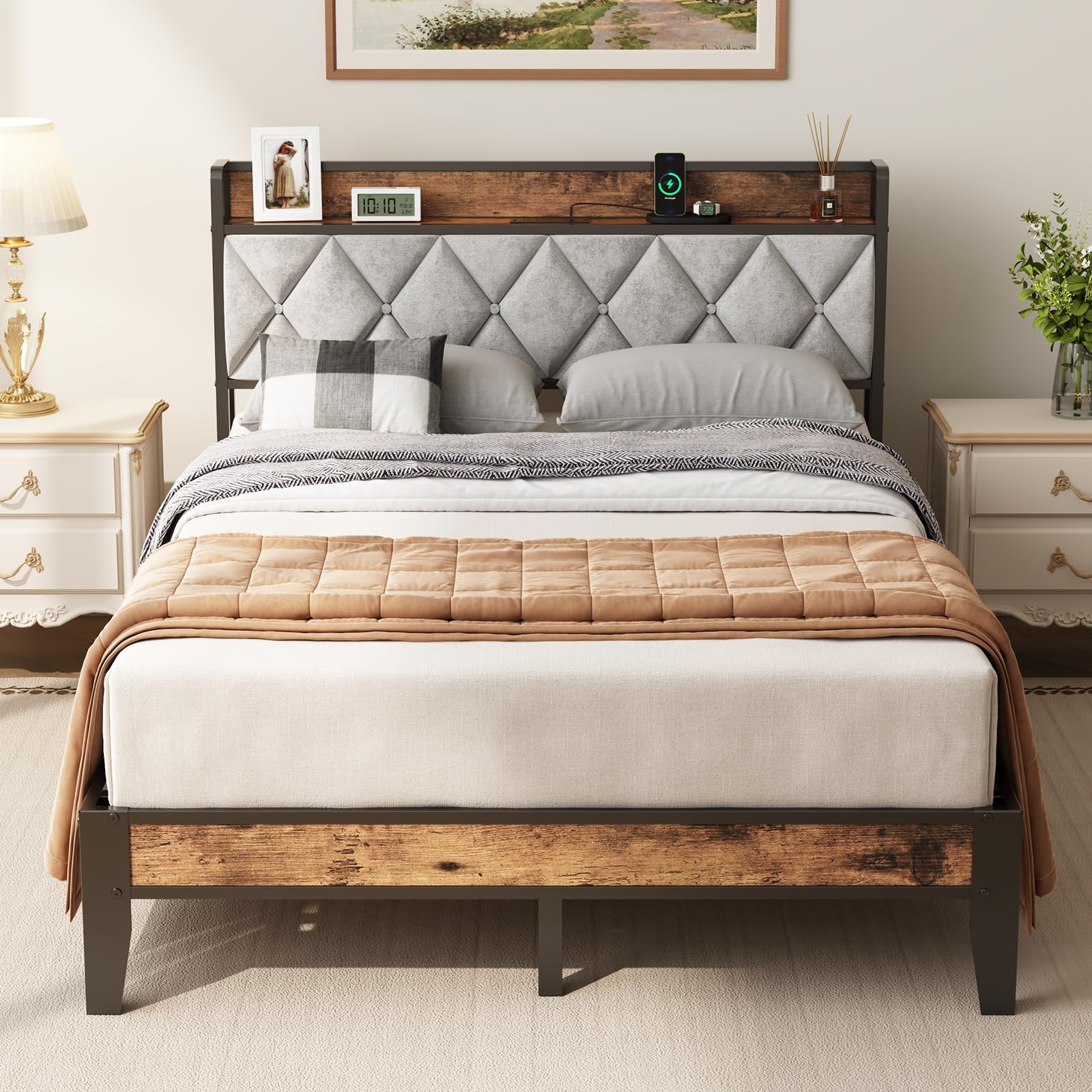 NEWBULIG Full Bed Frame with Headboard, Platform Storage Bed with USB Charging Station, No Tool Assembly, Squeak-Free Strong Metal Frame, No Box Spring Needed