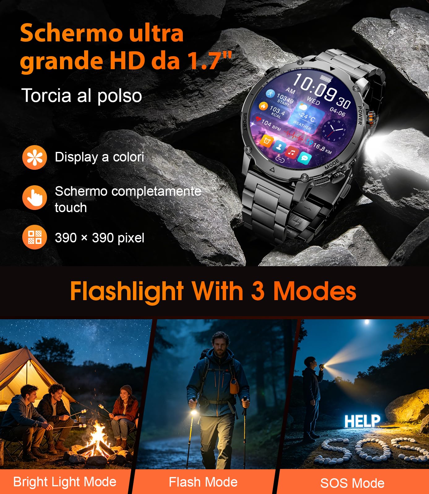 LIGE Smartwatch Uomo Militare, Batteria 1400mAh 14 Giorni, Display HD 1,7", Torcia LED, Chiamate Bluetooth, 110+ Modalità Sportive, IP68 Waterproof, Smart Watch for Android iOS, 2 Cinturini