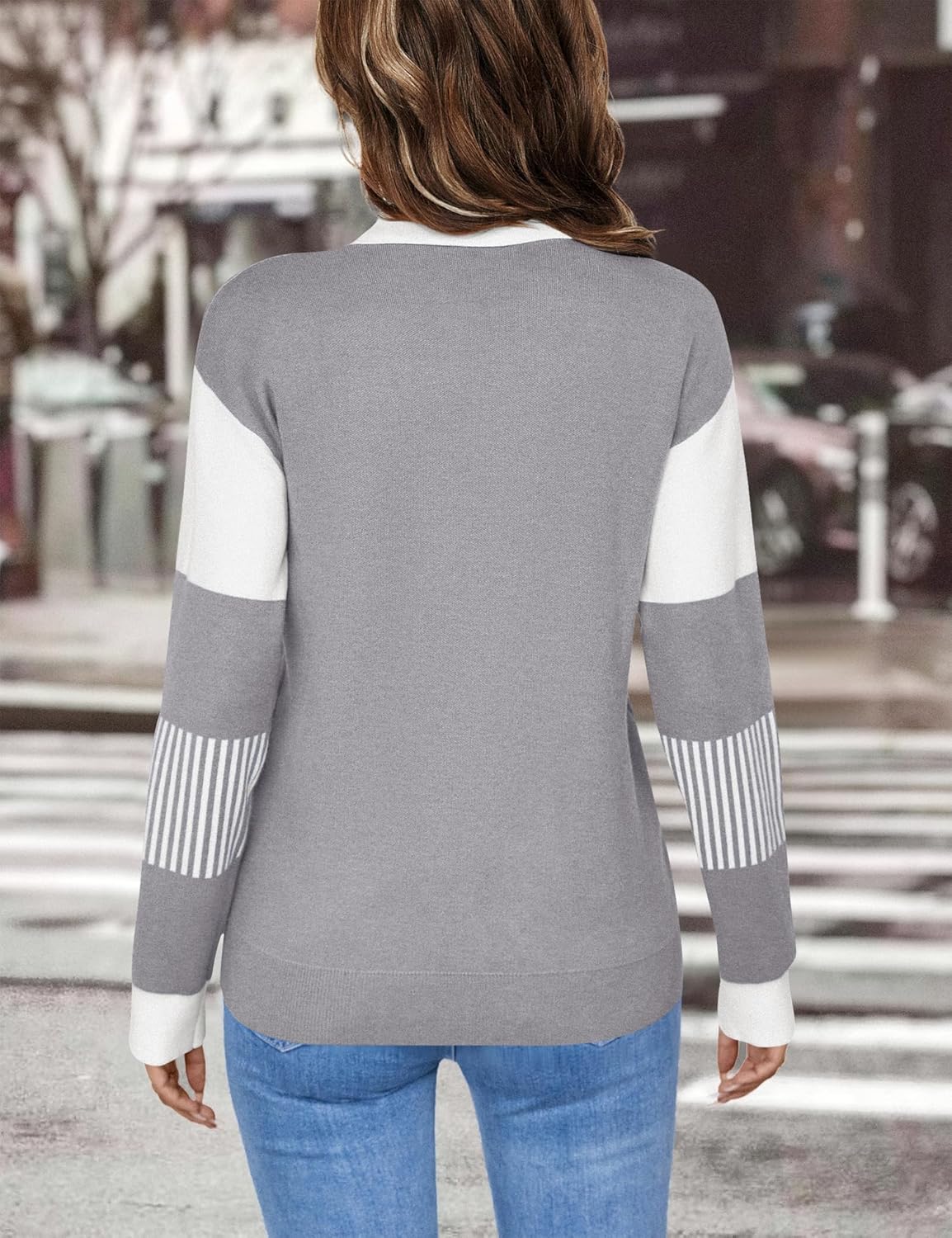 LOMON V Neck Long Sleeve Loose Sweaters Color Block Striped Knitted Pullover Jumper Tops - Image 4