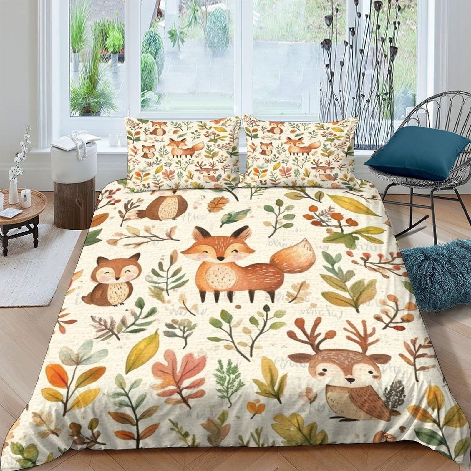 GPLZQXKJNH 3D Printed Forest Animals Duvet Cover Microfiber Soft Breathable Woodland Leaves Bedding Set with 2 Pillowcases for Bedroom Decor Single（135x200cm）