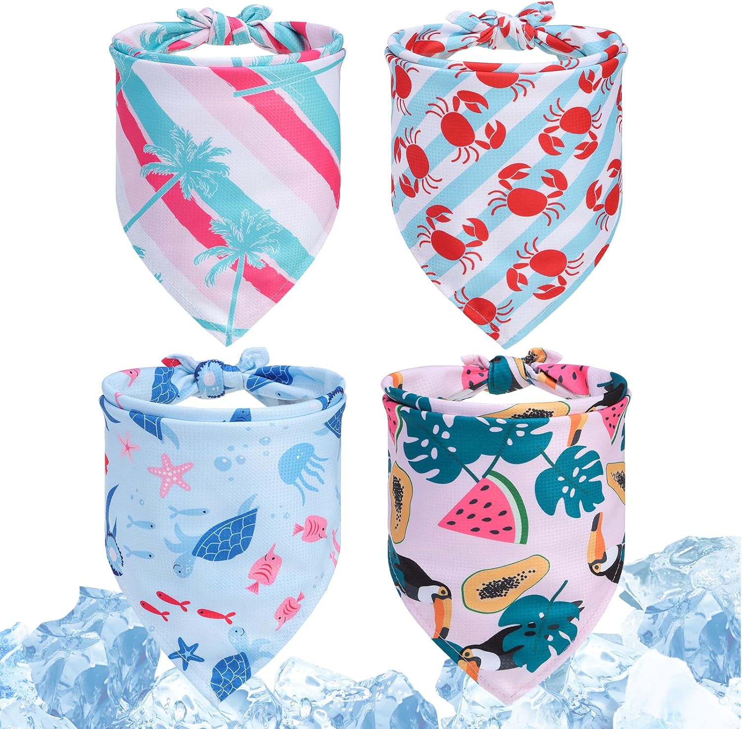 PAWCHIE Dog Cooling Bandana 4 Pcs,Hawaiian Dog Bandanas Kerchief Set Reversible Triangle Bibs,Adjustable Soft Cute Square for Summer Puppy Small Medium Large Pets Costume Accessories,Hawaiian Style XL