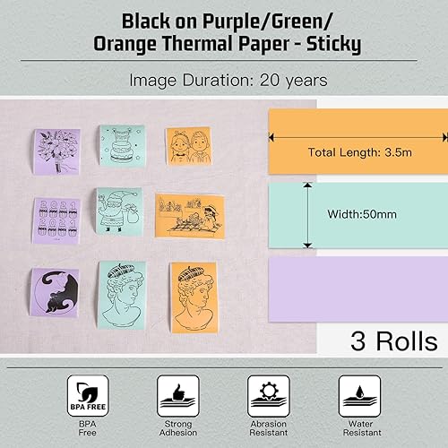 Miniatura 2 de Memoking T02M02XM02L - Papel térmico moradoverdenaranja, adhesivo de 20 años, 1.969 in x 11.5 ft para diario, textos fotográficos, notas de estudio
