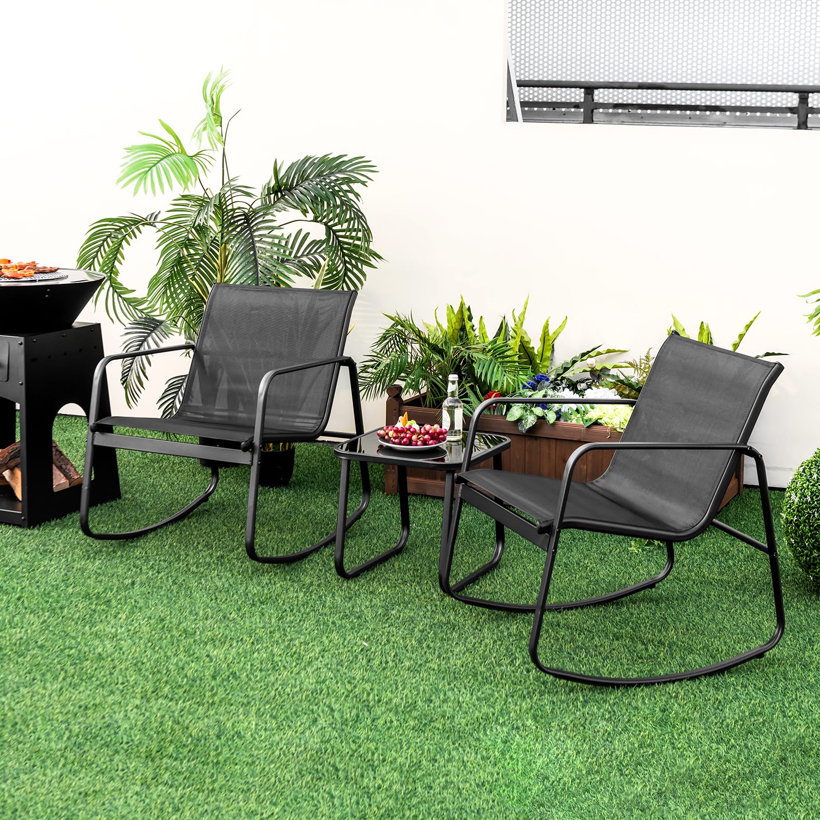 GIANTEX Set da Giardino per 2 Persone, Sedie a Dondolo con Tavolino in Vetro, Tessuto Traspirante e Gambe Regolabili, Disponibile in 3 Colori, Perfetto per Balcone e Terrazzo