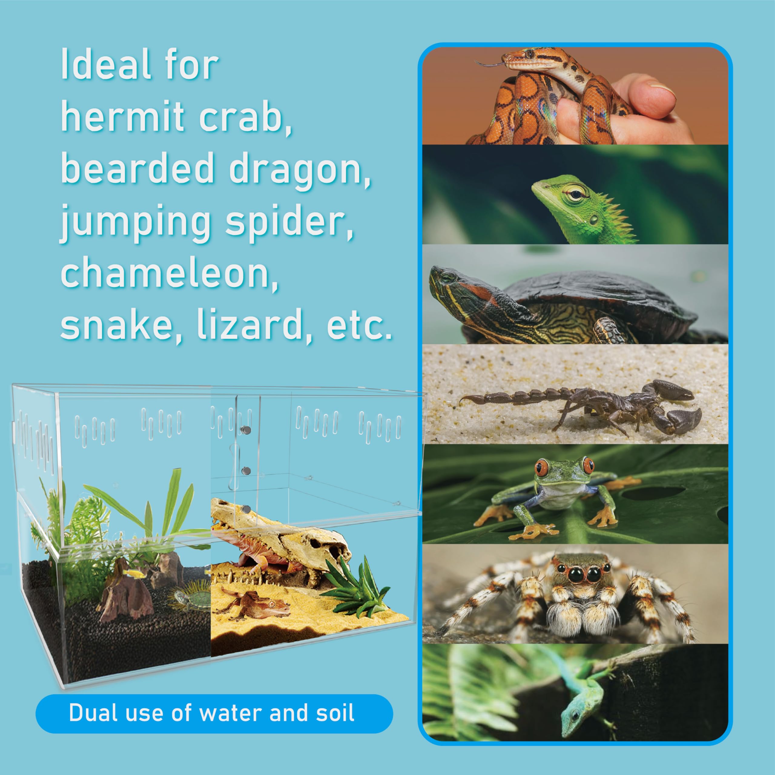 Reptile Terrarium Tank, Hermit Crab Bearded Dragon Jumping Spider Enclosure Cage, Tarantula Chameleon Snake Lizard Leopard Gecko Habitat Feeding Breeding Box for Amphibian, Clear Acrylic, 16x8x8 Inch