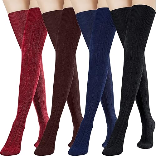 SATINIOR 4 pares de calcetines altos hasta el muslo para mujer, calcetines de punto largos por encima de la rodilla, calcetines de material suave,