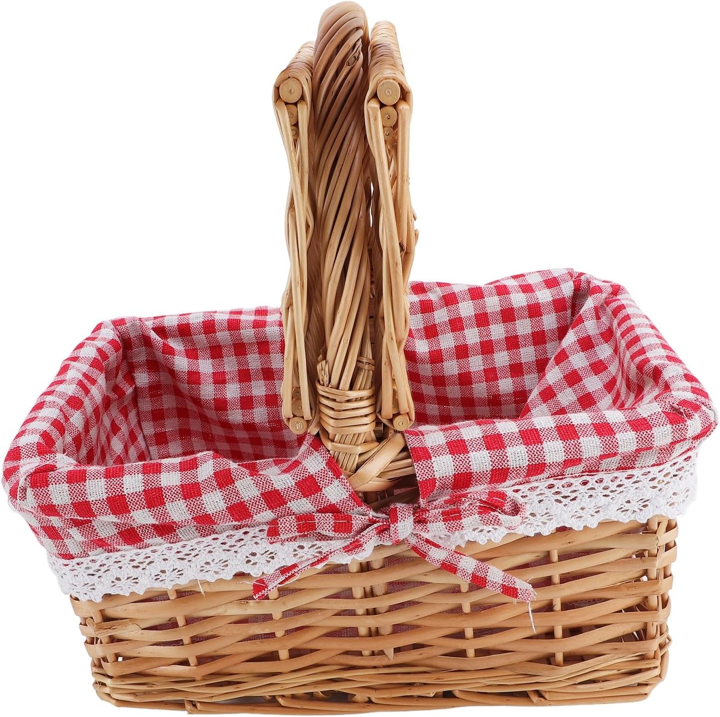 Wicker Picnic Baskets, Picnic Basket with Handle, Removable Liner Garden Harvest Basket for Flowers Fruits Vegetables (Red Plaid)