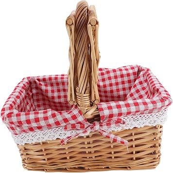 Wicker Picnic Basket with Double Lid, Removable Liner, for Outdoor Picnics Garden Harvest Storage Red Plaid
