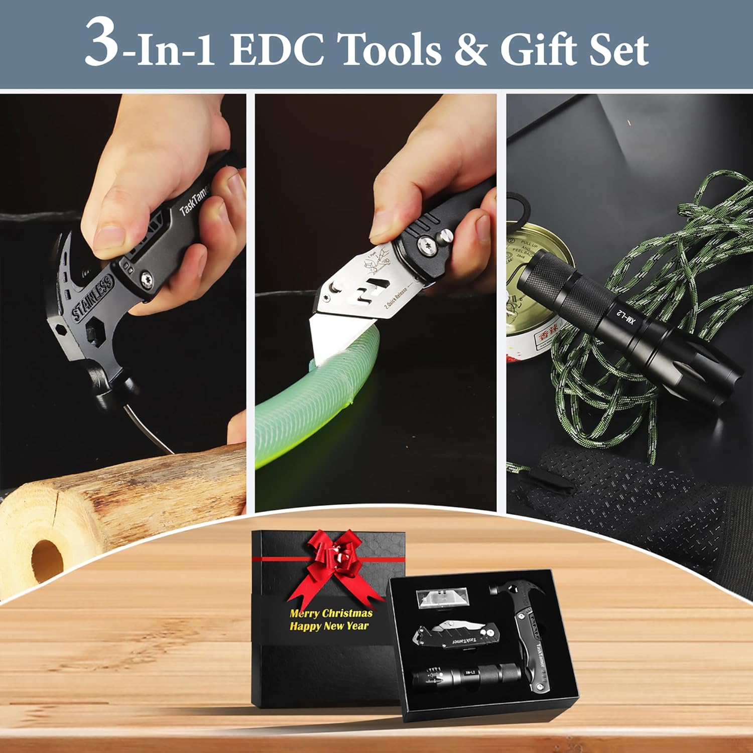 Christmas Gift, Multitool Gifts Set for Christmas, with Multitool Hammer, Utility Knife & Tactical Flashlight, Stocking Stuffers Men Women, EDC Tools for Car, Emergency and Outdoor Adventures