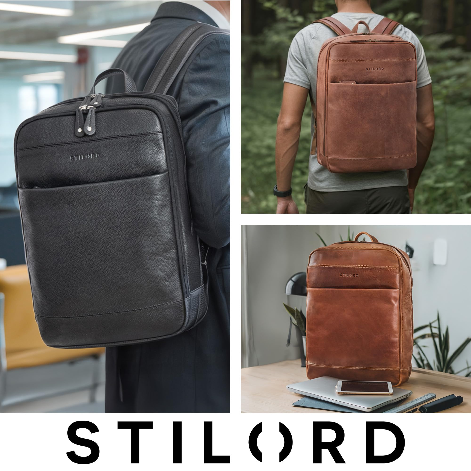 STILORD Leo Sac à Dos à Main avec Ventilation Dorsale Sac à Dos en Cuir pour Ordinateur Portable 15,6 Pouces Sacs à Dos de Jour Couleur:Noir