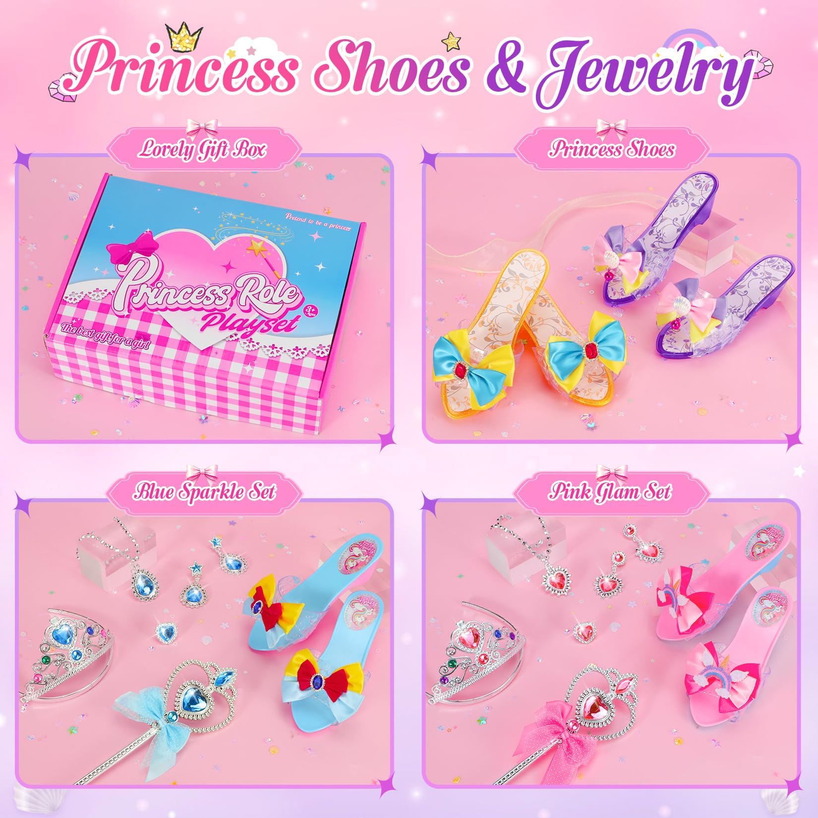 Prinzessin Schuhe Mädchen, Kinder Stöckelschuhe mit Absatz, Zubehör Set mit Krone Zauberstab Schmuck,Glitzer Design,Spielset Verkleidung Karneval,Rollenspiel Zubehör,Geburtstag Weihnachten für Mädchen