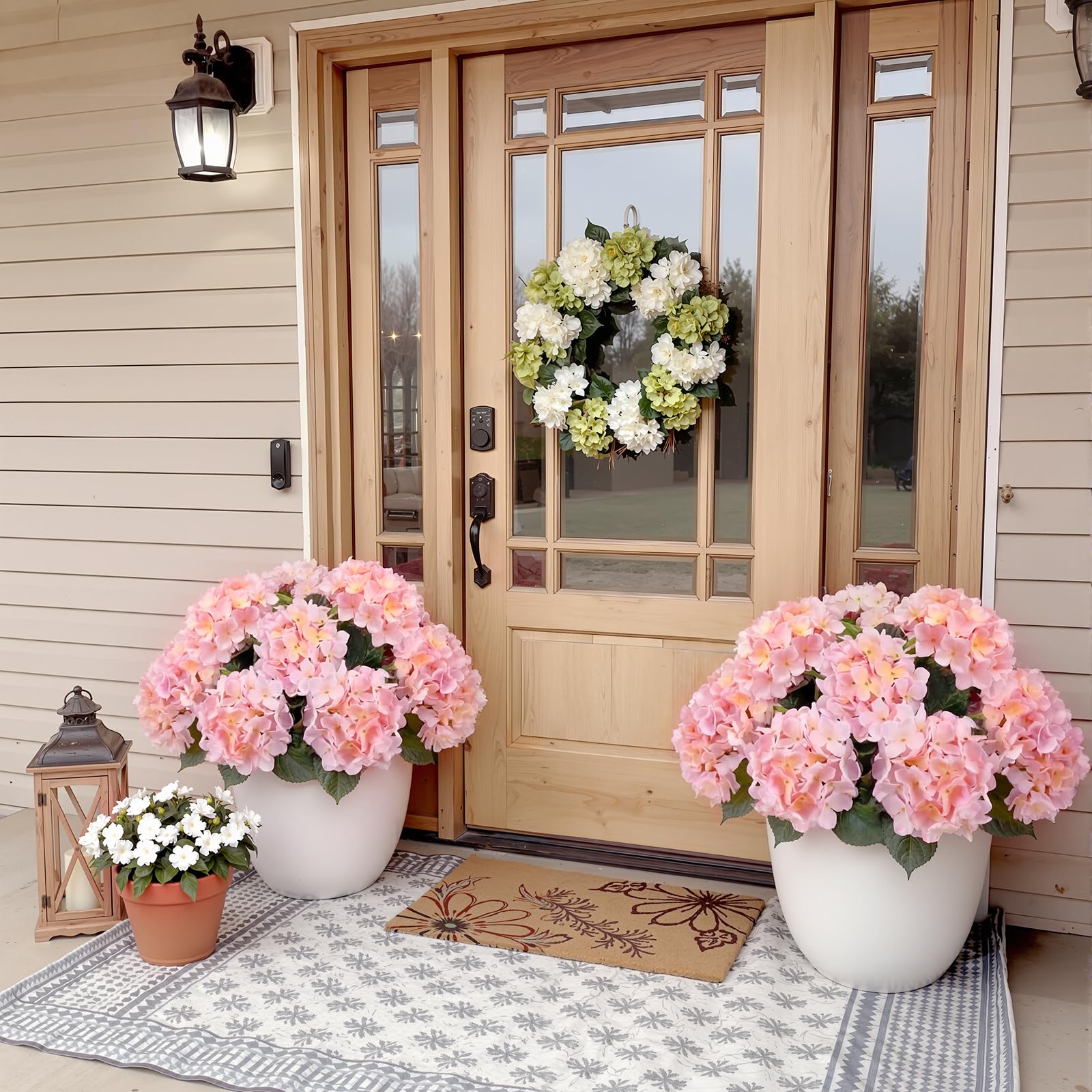 Janinka 2 Pcs 20 Inch Outdoor Artificial Hydrangea Flowers Large Pink Faux Hydrangea Bushes Uv-Resistant Waterproof Outdoor Faux Floral for Porch Wedding Yard Garden Decorations