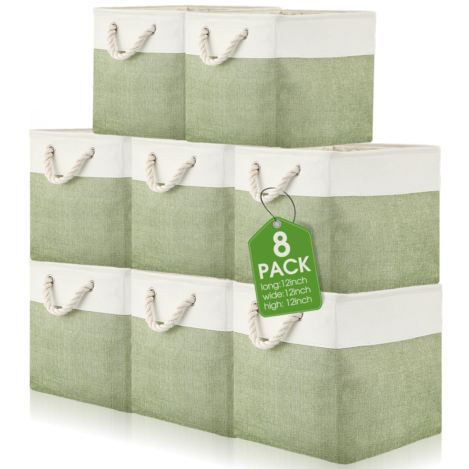 meekoo 8 Pack Collapsible Storage Bins Fabric Storage Bins Polyester Fabric Storage Baskets with Handles Linen Closet Organizer for Shelf Home Closet Towels Toys (Green White,12 x 12 x 12 in)