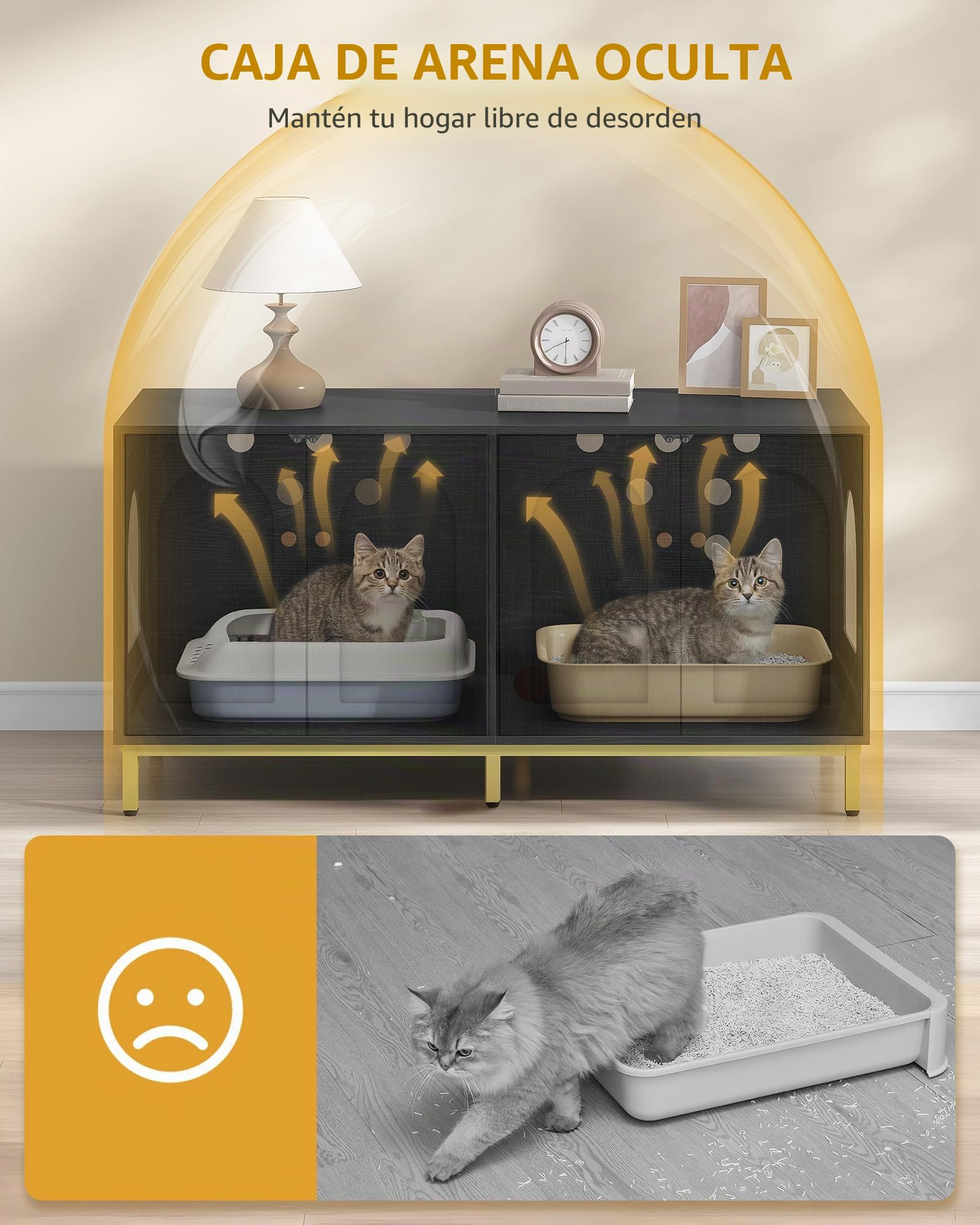 Hzuaneri Caja de Arena para 2 Gatos, 119cm Mueble para Caja de Arena Oculta, Casa de Madera para Mascotas, Mueble de Almacenaje, Se Adapta a la Mayoría de Arenero Gato, Negro CB82304A