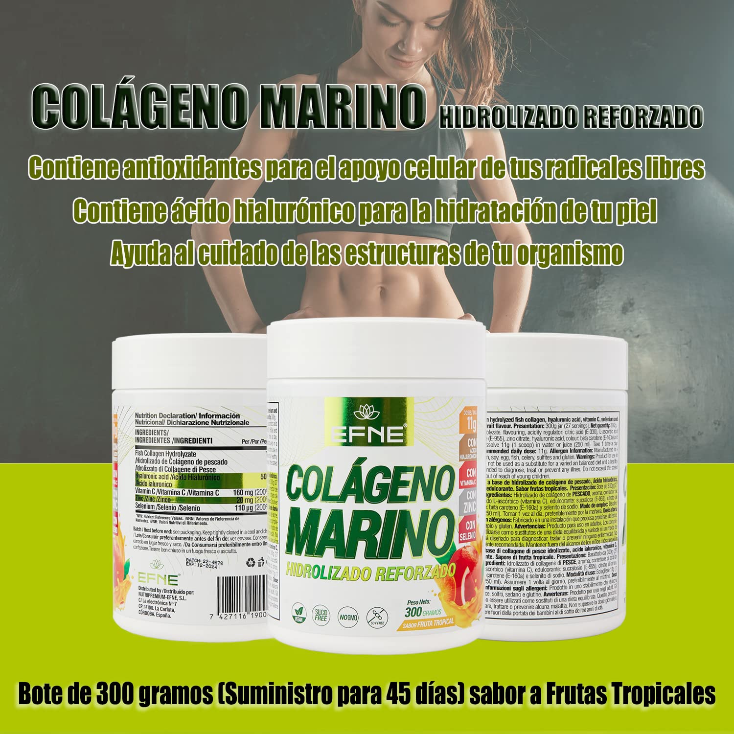 EFNE | Colágeno Marino Hidrolizado Reforzado en polvo + Acido hialurónico + Vitamina C + Zinc + Selenio | 300G | Sabor Frutas Tropicales | Piel, cabello, tendones, ligamentos | 100% natural