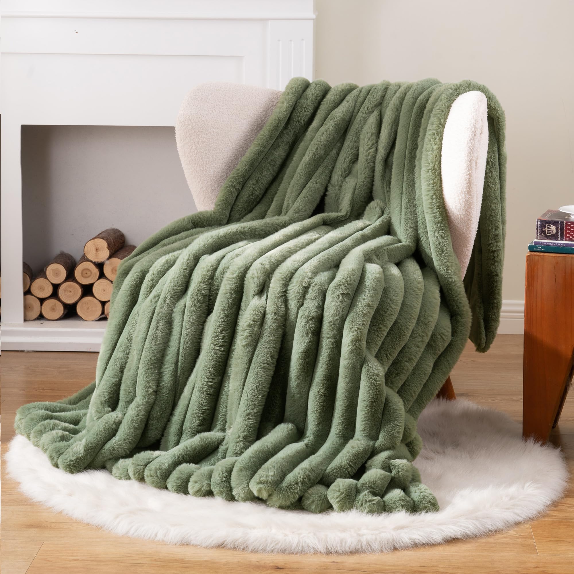 Battilo Faux Rabbit Fur Throw Blanket, Sage Green Fluffy Blanket, 125x150cm — image 1