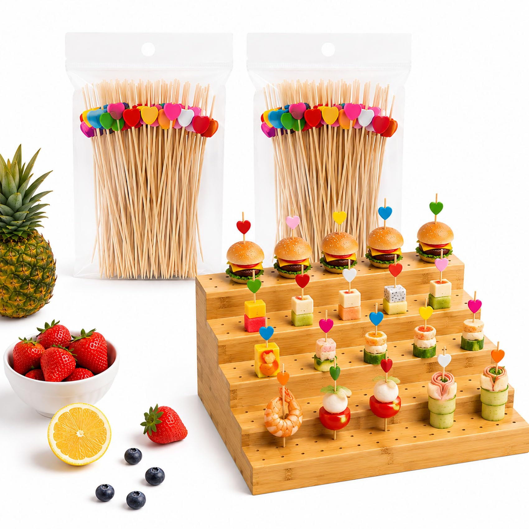 Cemssitu Bamboo Skewer Holder, 6-Tier Natural Bamboo Food Display Stand with 180 Holes and 100 Heart-Shaped Skewers, for Appetizer, Party, Buffet, Wedding (200pcs Bamboo Skewer only)