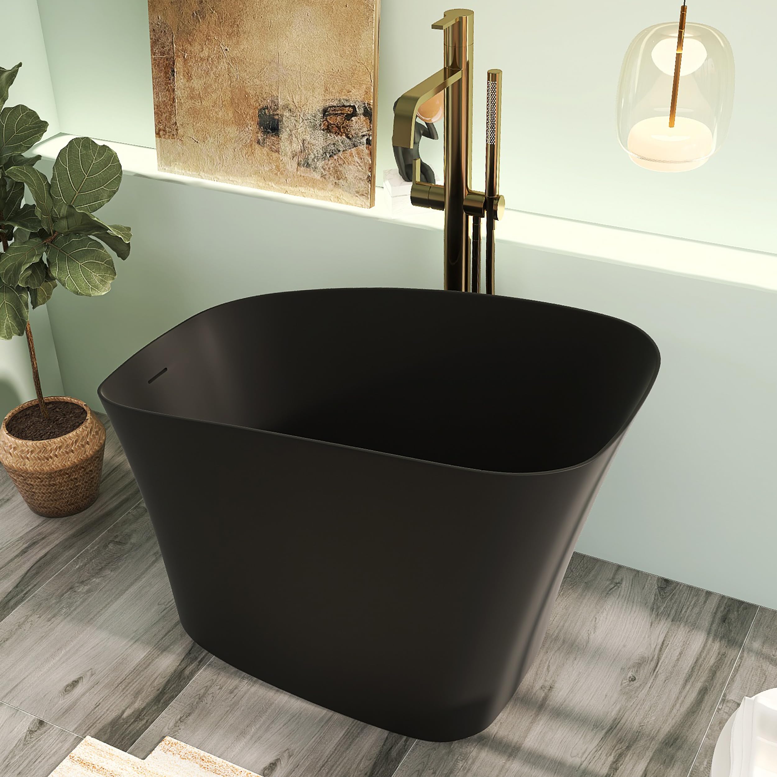 Bañera japonesa independiente de superficie sólida de 51 pulgadas, diseño negro mate mejorado, bañera de resina de piedra independiente con desbordamiento y drenaje desplegable
