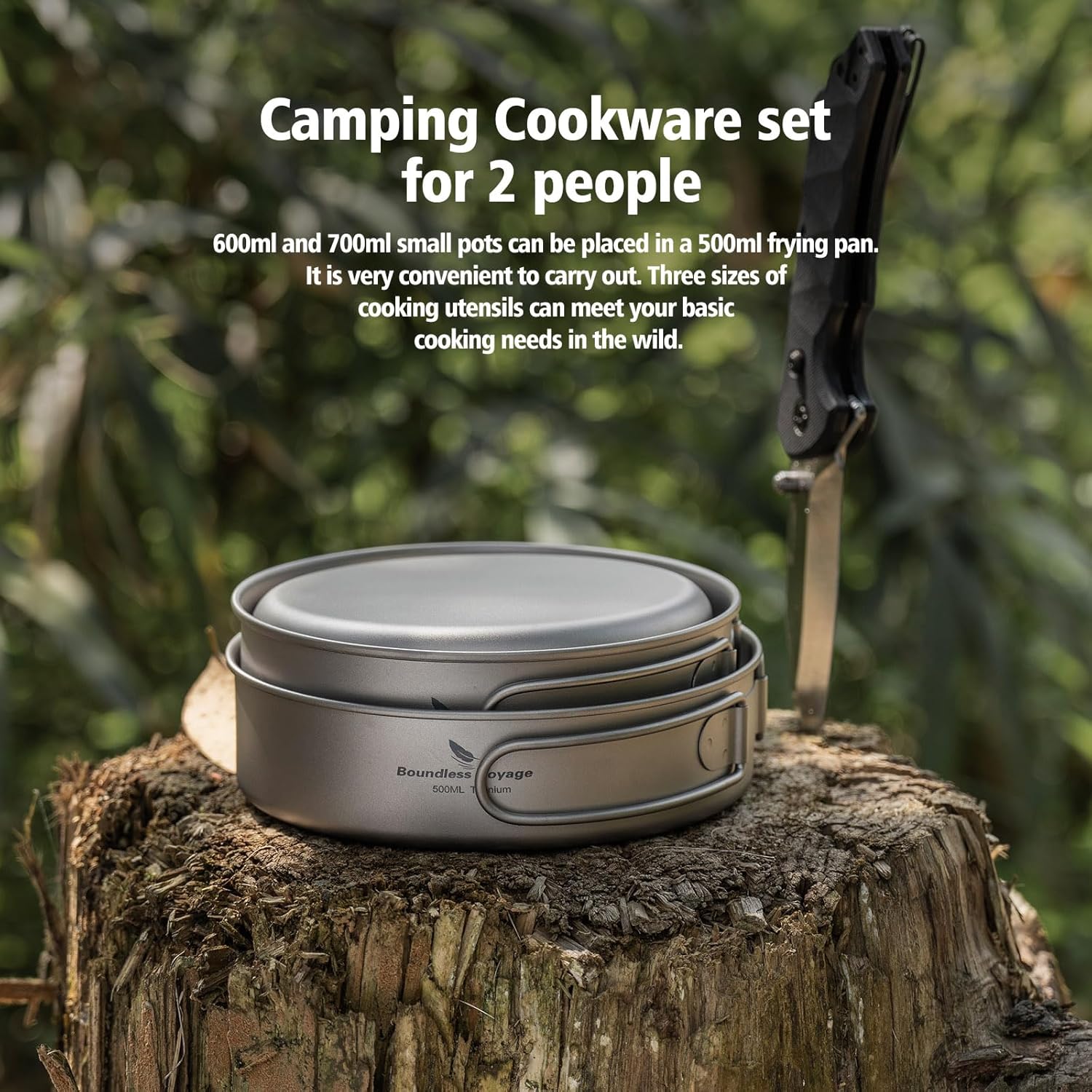 Boundless Voyage 3pcs Camping Foldable Cookware Titanium Pot Pan Set Ultralight Tableware Outdoor Dinnerware Set D-Ti2032c
