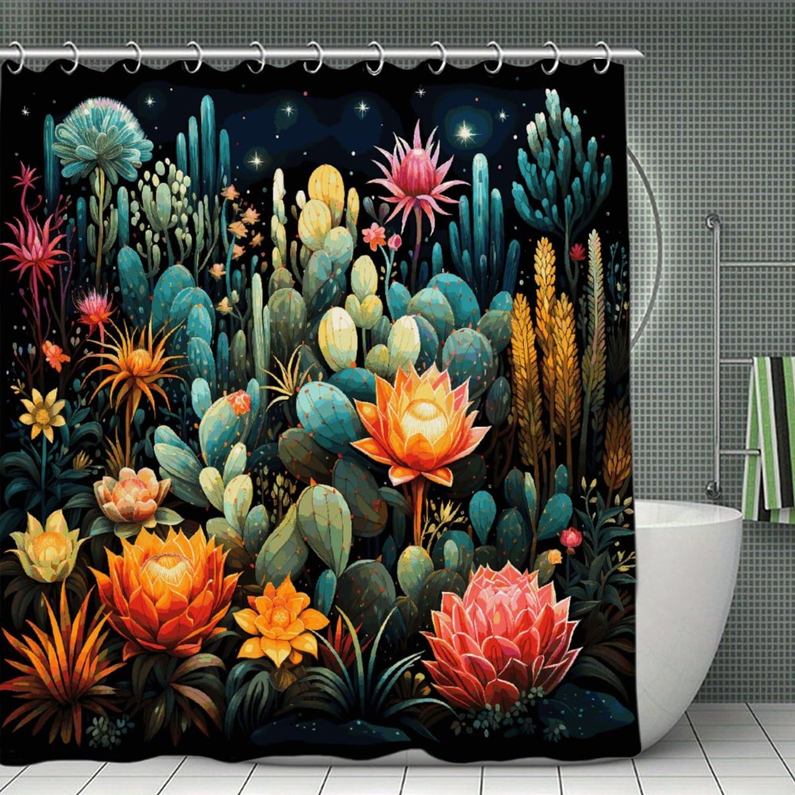 FekiLoot Colorful Cactus Pattern Shower Curtain with Hooks Modern Farmhouse Bathroom Curtain Waterproof Cloth Bath Curtains Cute Washable Blackout Privacy Curtains for Bathroom Bathtub 70.8"x70.8"