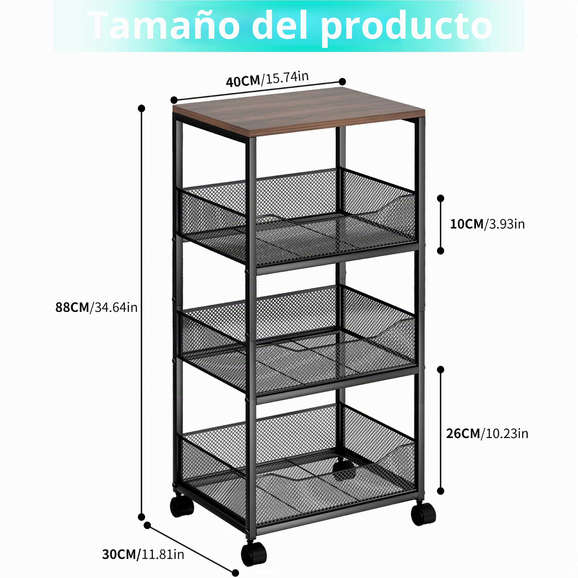 HapiRm Cesta de Frutas para Cocina, Carrito de Almacenamiento rodante de 4 Niveles con Ruedas, Cesta de Frutas y Verduras con