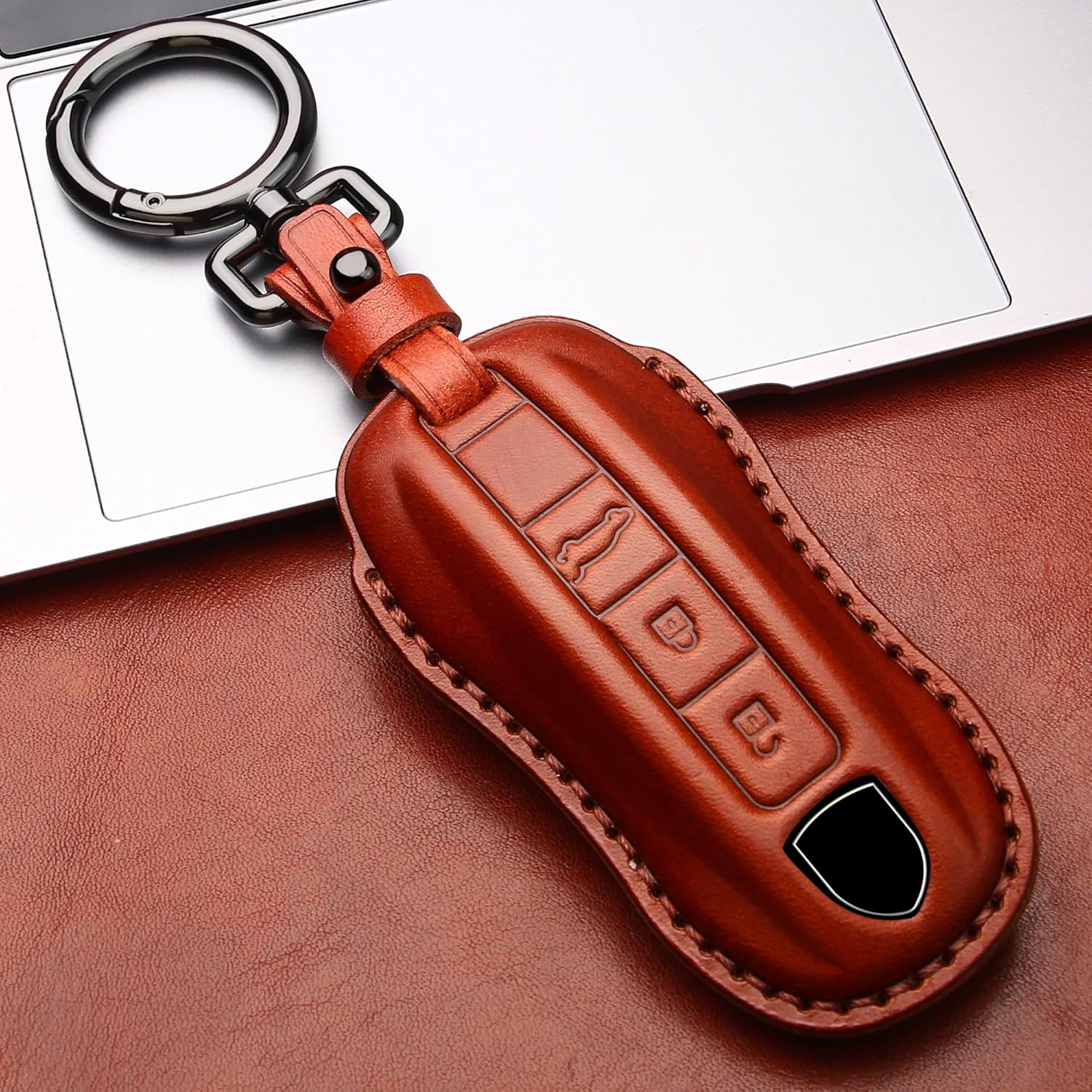 Tukellen for Porsche Leather Key Fob Cover with Keychain Key Shell Compatible with 2020-2024 Panamera, Cayenne, Macan, 918-Brown - Image 4