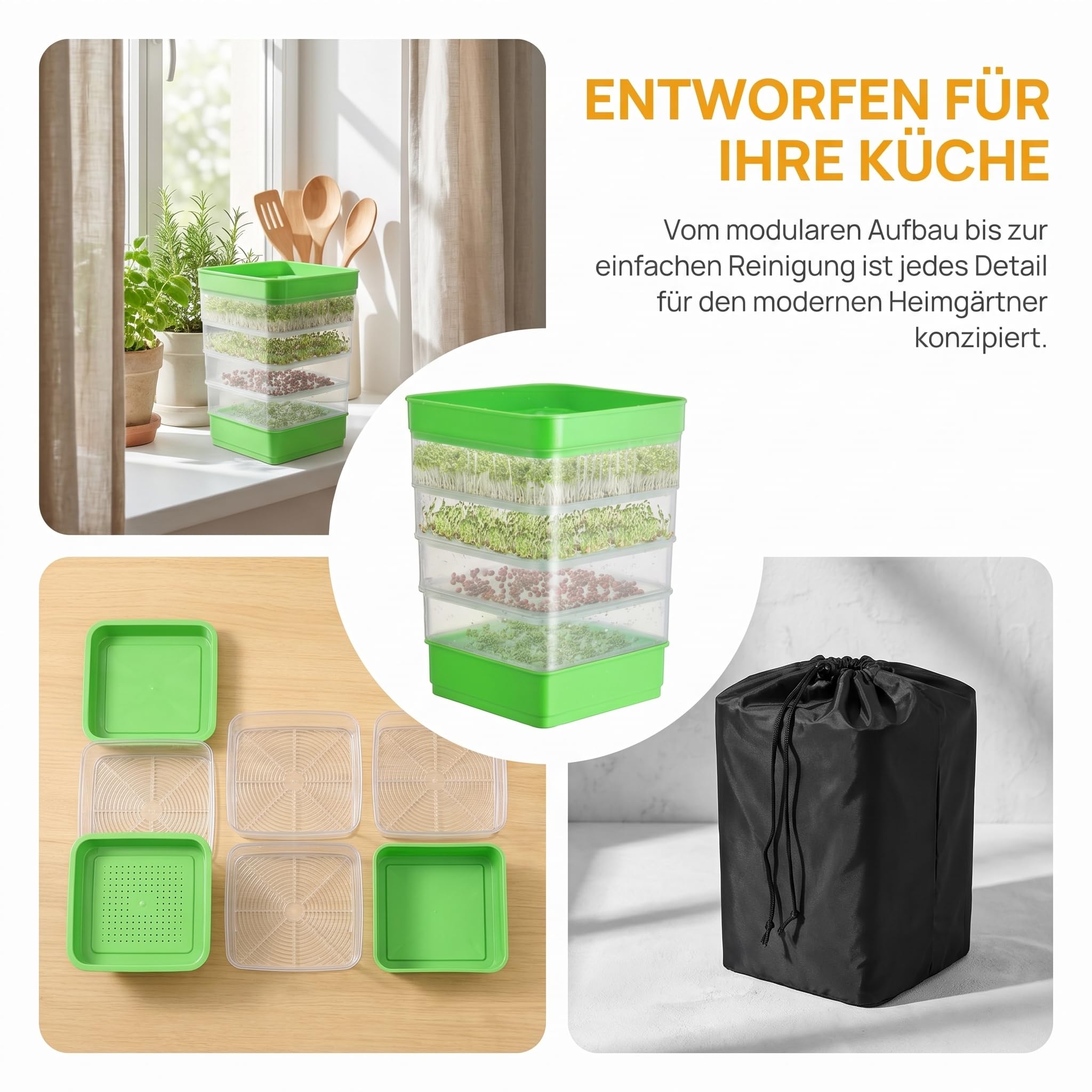 4-stöckiges Keimschale für Sprossen, Keimgerät für Microgreens | Gestapelte Grüne Mikroorganismen-Zuchtplatten für Sprossen und Microgreens, Ohne Erde, Wiederverwendbar, Hohe Keimrate