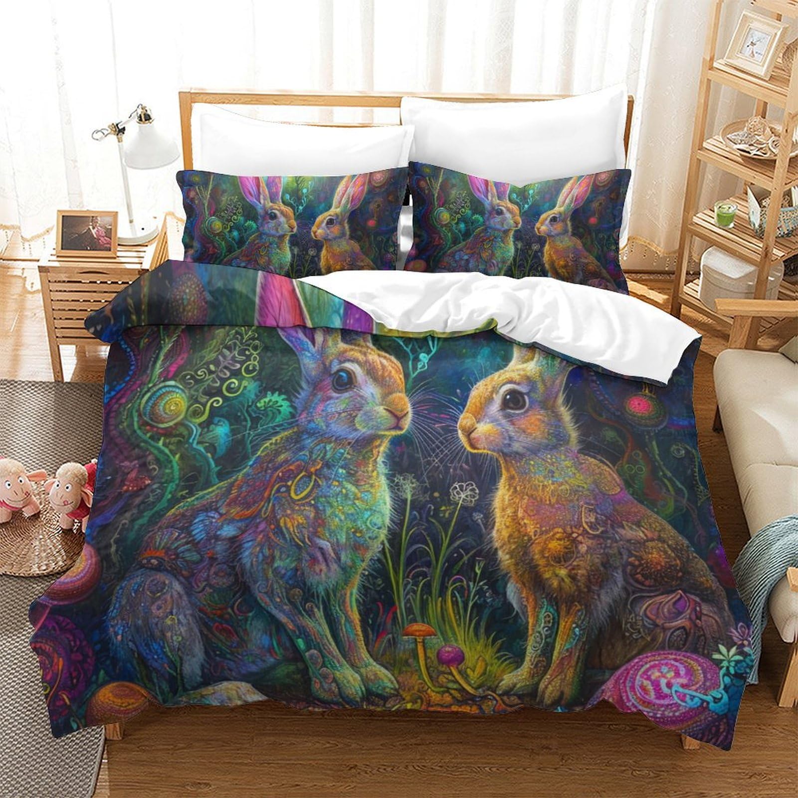 Parure de lit motif 3D lapin avec housse de couette 260x220cm et taies en microfibre
